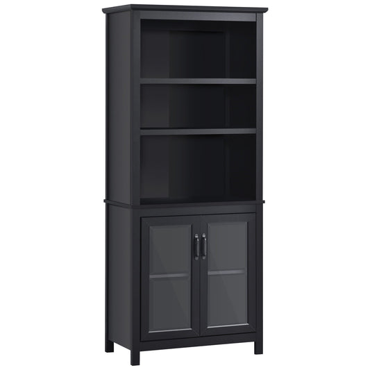 Multifunctional Bookcase with Double Glass Doors Cupboards, Bookshelf with 3-Tier Open Shelf and Adjustable Shelves, Black - Gallery Canada