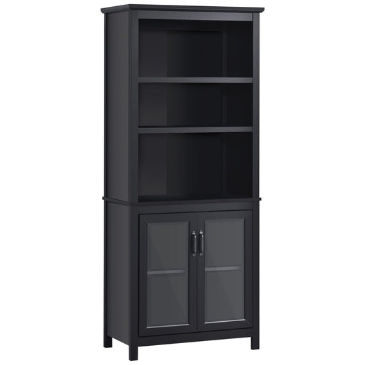 Multifunctional Bookcase with Double Glass Doors Cupboards, Bookshelf with 3-Tier Open Shelf and Adjustable Shelves, Black White Bookshelves Black  at Gallery Canada