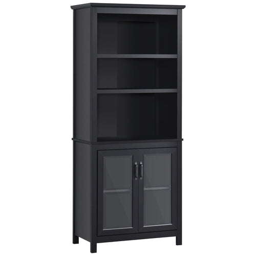 Multifunctional Bookcase with Double Glass Doors Cupboards, Bookshelf with 3-Tier Open Shelf and Adjustable Shelves, Black