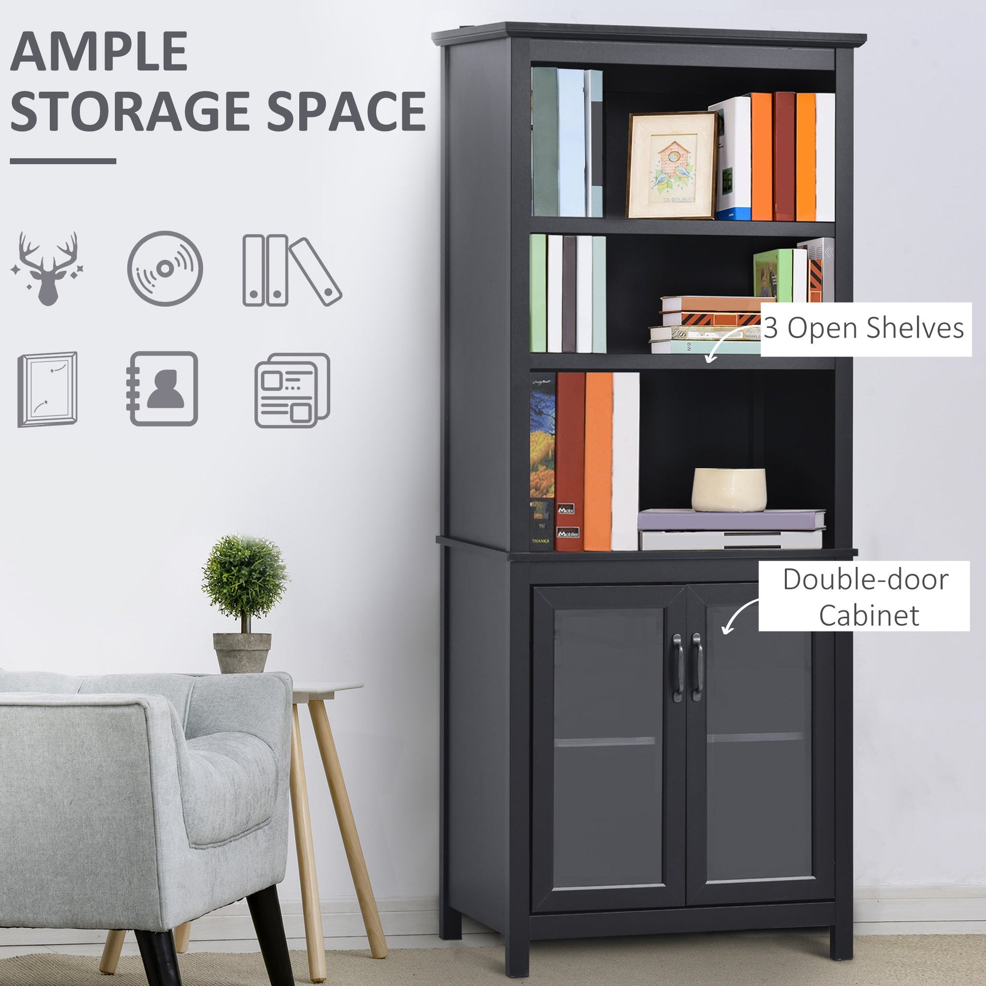 Multifunctional Bookcase with Double Glass Doors Cupboards, Bookshelf with 3-Tier Open Shelf and Adjustable Shelves, Black White Bookshelves   at Gallery Canada