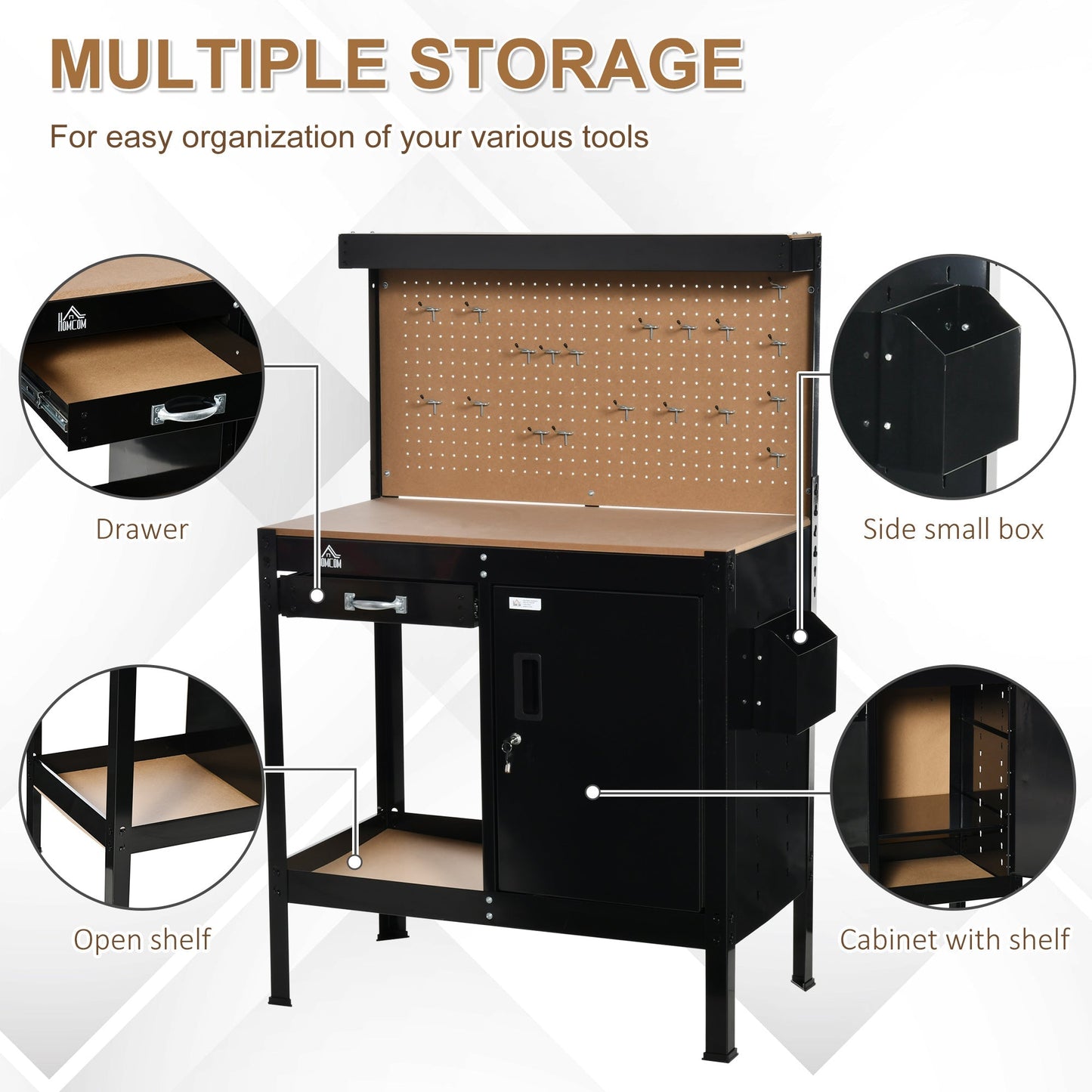 Multipurpose Tool Workbench for Garage, Garage Bench with Storage Drawer, Peg Board, Lockable Cabinet Office Desks & Work Stations   at Gallery Canada