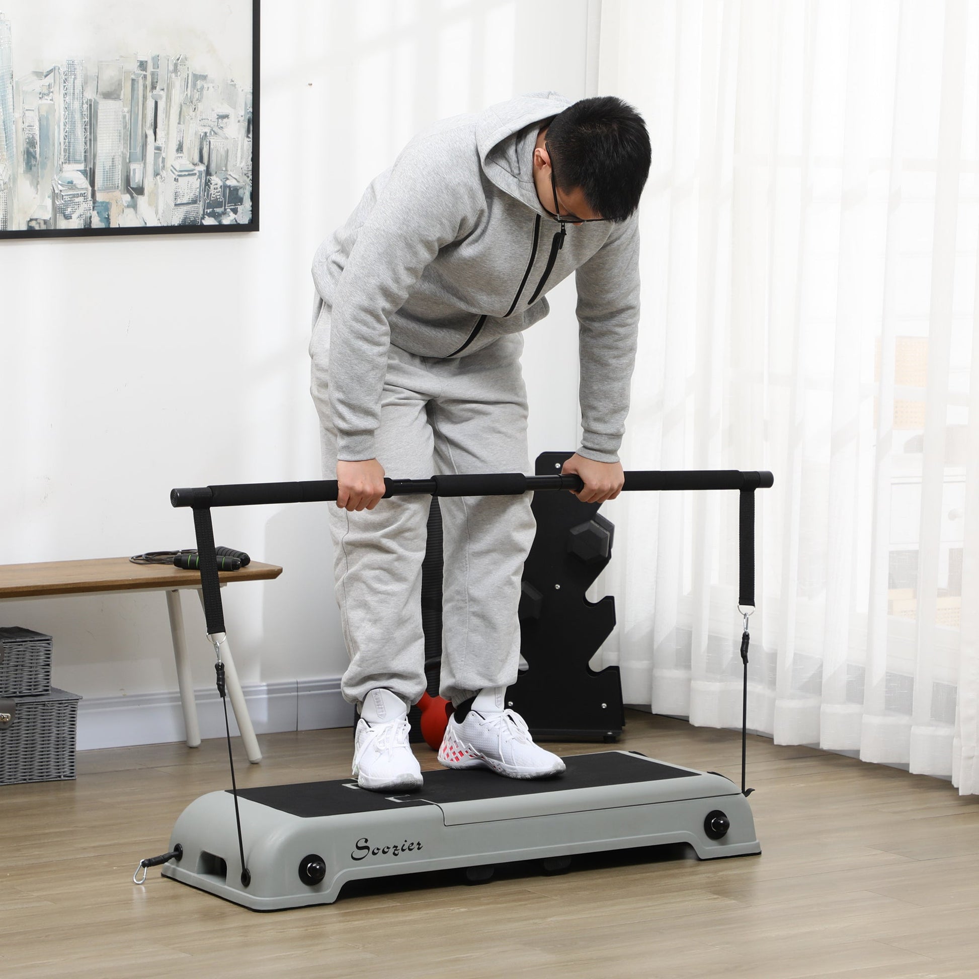 Adjustable Multipurpose Workout Bench with Resistance Ropes, Foldable, Grey Aerobic Equipment   at Gallery Canada