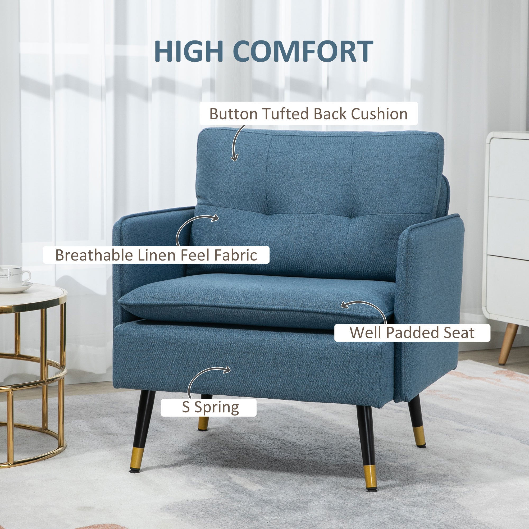 Accent Chair with Cushioned Seat and Back, Upholstered Fabric Armchair for Bedroom, Button Tufted Living Room Chair with Arms and Steel Legs, Blue Accent Chairs   at Gallery Canada