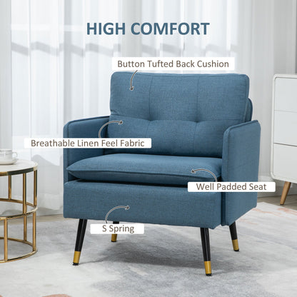 Accent Chair with Cushioned Seat and Back, Upholstered Fabric Armchair for Bedroom, Button Tufted Living Room Chair with Arms and Steel Legs, Blue Accent Chairs   at Gallery Canada