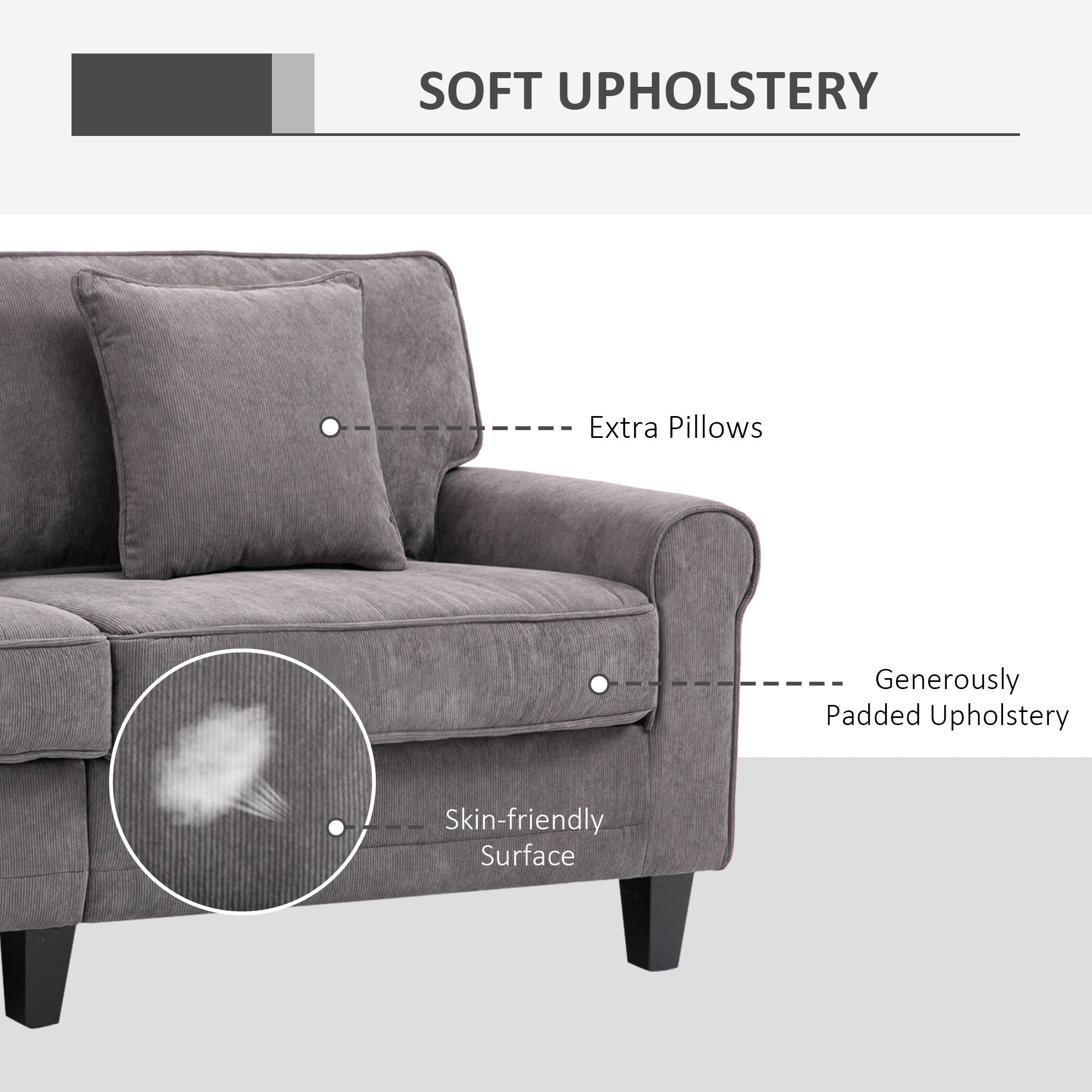 Modern 3 Seater Sofa, Corduroy Fabric 3 Seater Couch with Pine Wood Legs and Rolled Armrests for Living Room, Light Grey 3-Seater Sofas at Gallery Canada