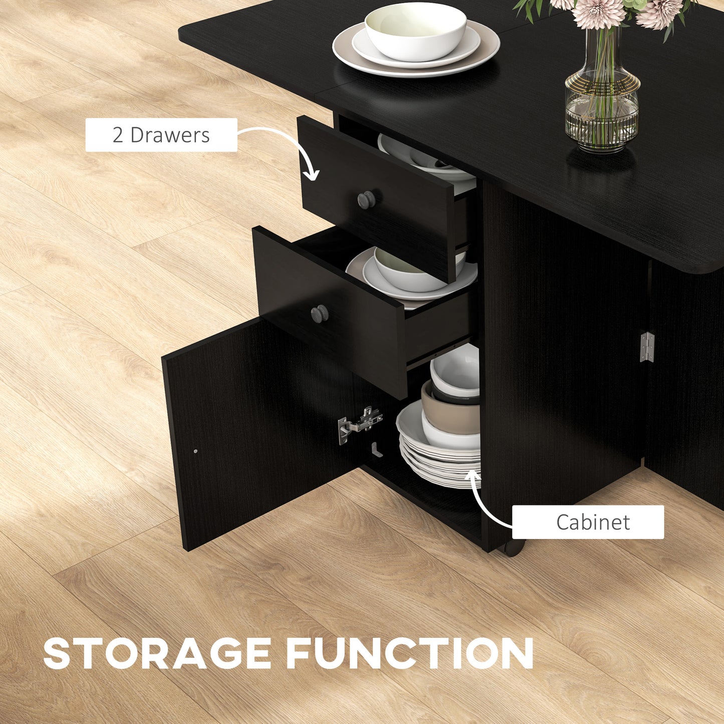 Extendable Dining Table, Drop Leaf Table with 2 Drawers, Cabinet and 6 Wheels for Small Spaces, Kitchen, Black Wood Grain Dining Tables at Gallery Canada