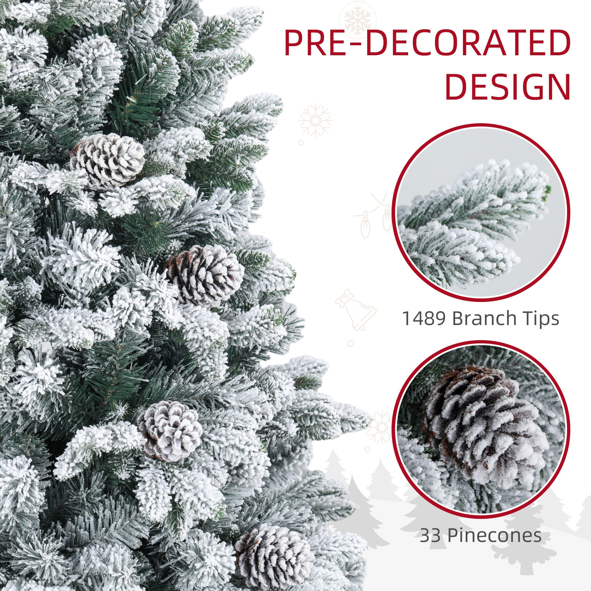 6ft Flocked Artificial Christmas Tree with 1489 Snow Tips, Pinecones, Metal Stand, Hinged Xmas Tree for Home Flocked Christmas Trees   at Gallery Canada