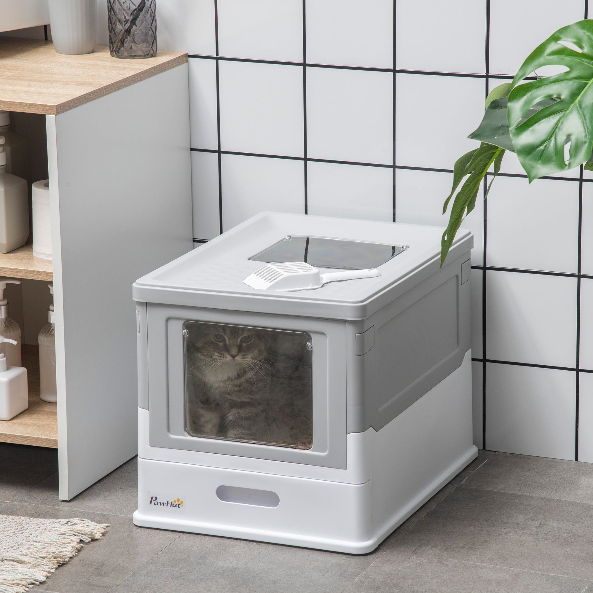 Top Entry Enclosed Kitty Litter Box with Scoop, Tray, Front Entry, Large Space, Foldable, Portable, Grey Cat Litter Box Enclosures   at Gallery Canada