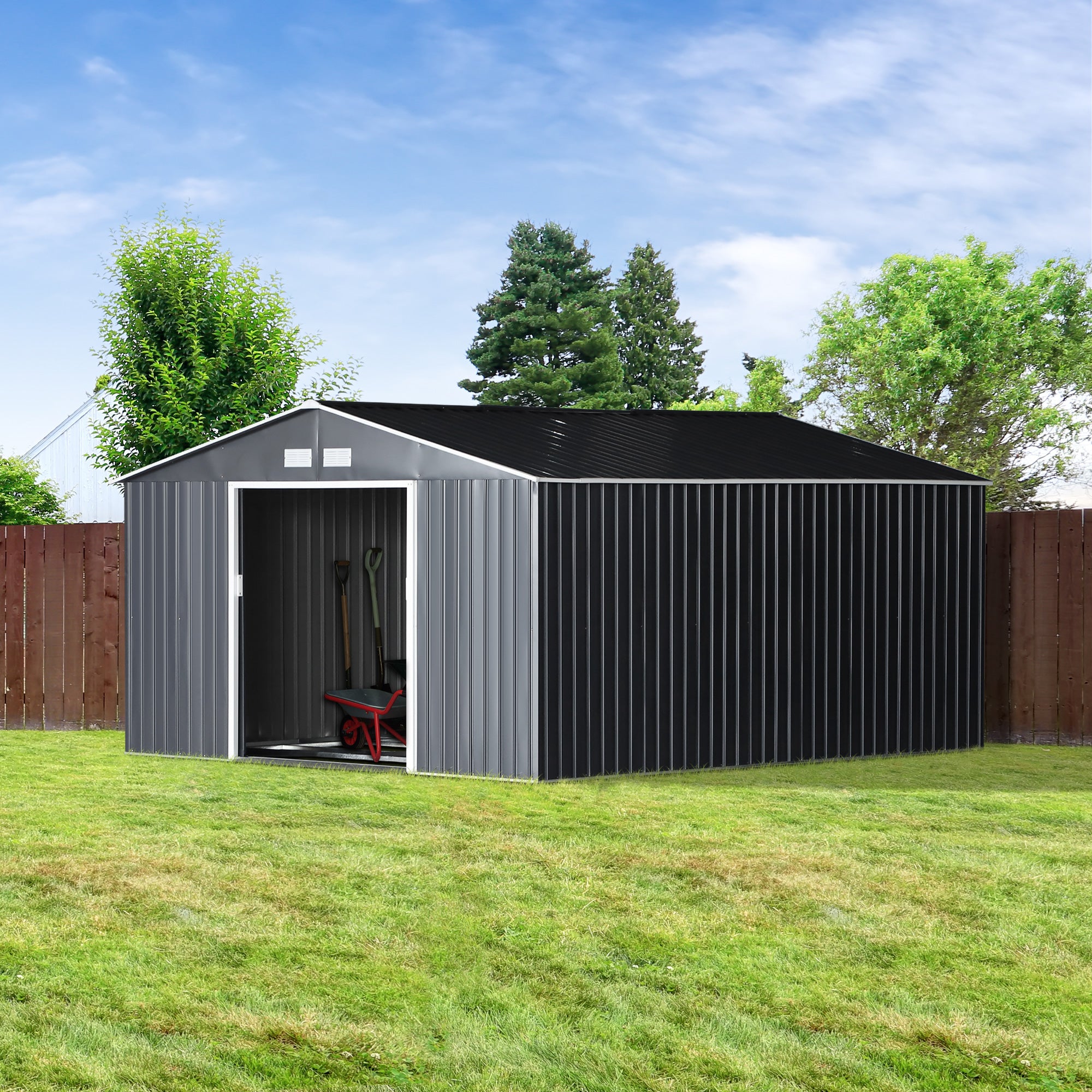 11.2ft x 12.5ft Practical Backyard Garden Storage Tool Shed 4 Ventilation Slots Double Sliding Door, Grey Sheds at Gallery Canada