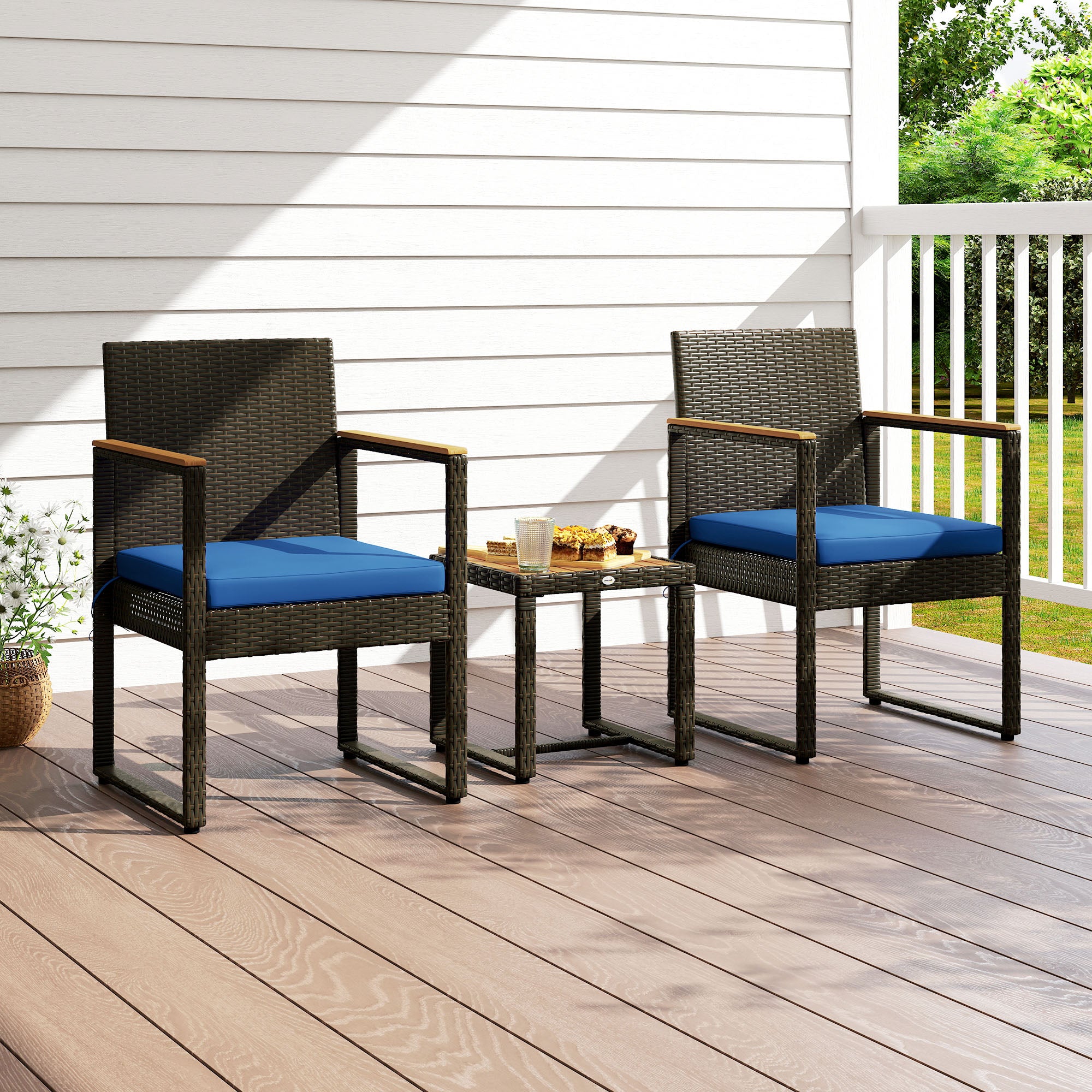 3 Pieces Wicker Patio Furniture Set, Rattan Bistro Set w/ Acacia Wood Table &; Removable Cushions, Dark Blue Bistro Sets at Gallery Canada