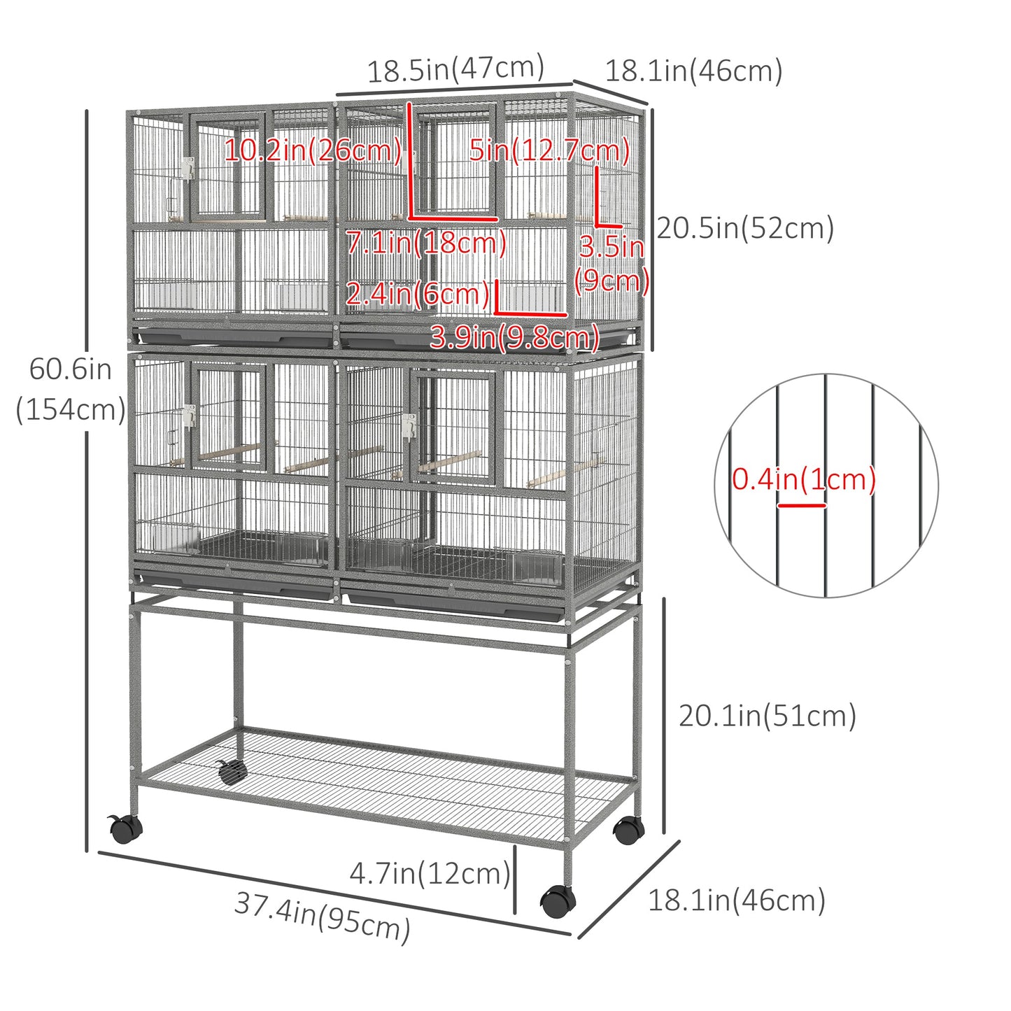 61"H Divided Breeder Bird Cage with Rolling Stand Removable Metal Tray, Storage Shelf, Wood Perch, and Food Container, Dark Grey Bird Cages   at Gallery Canada