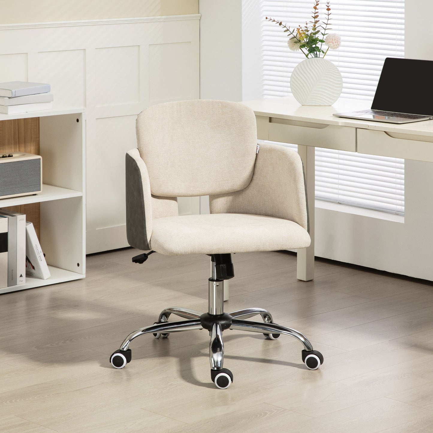 Small Desk Chair, Height Adjustable Fabric Office Chair with Swivel Wheels, Tilt Function, Computer Chair, Cream White Task Chairs   at Gallery Canada