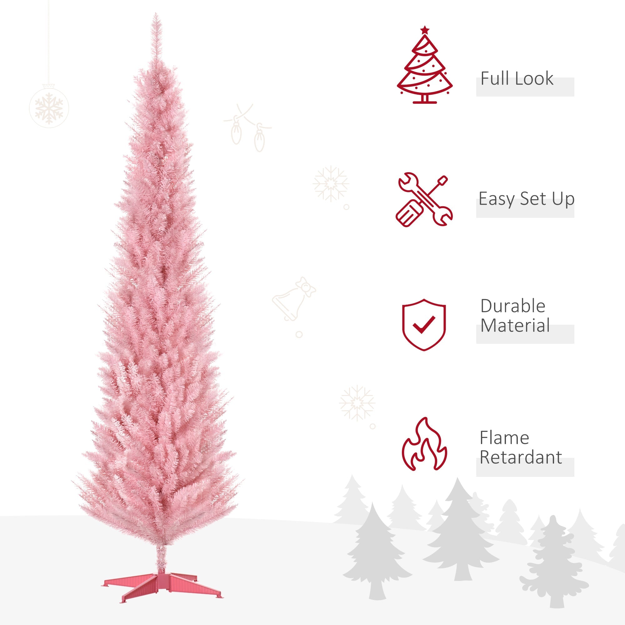 7' Pencil Christmas Tree, Slim Artificial Xmas Tree with Realistic Branches, Sturdy Metal Stand, Pink Pencil Christmas Trees   at Gallery Canada