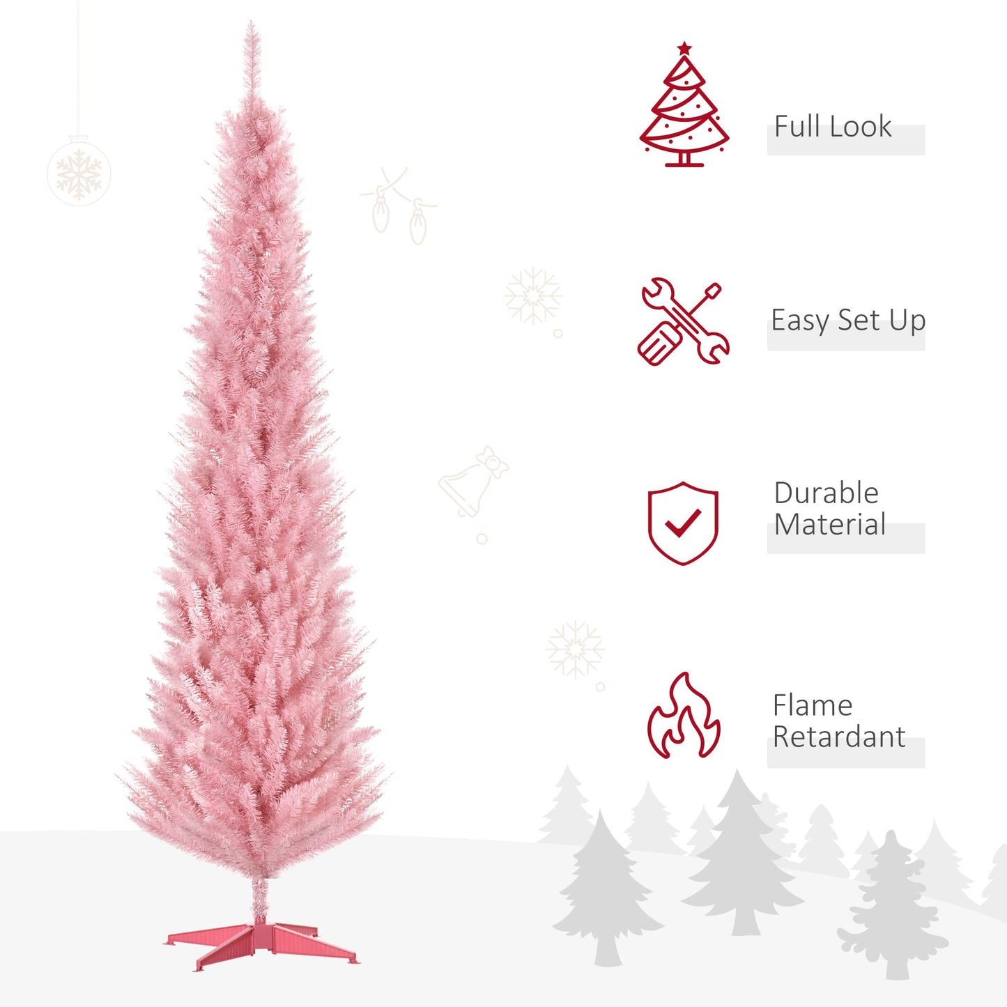 7' Pencil Christmas Tree, Slim Artificial Xmas Tree with Realistic Branches, Sturdy Metal Stand, Pink Pencil Christmas Trees   at Gallery Canada