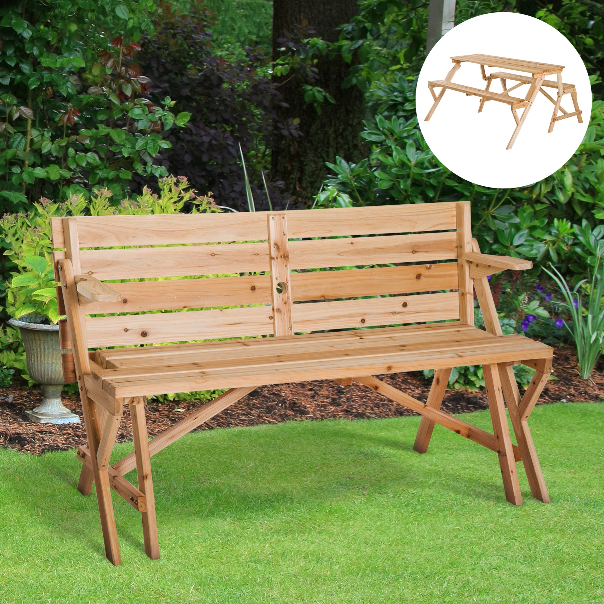 Patio Wooden Folding Picnic Table with Benches, Outdoor 2 in 1 Convertible Patio &; Garden Bench, Foldable Picnic Table with Umbrella Hole, Nature Outdoor Dining Sets at Gallery Canada