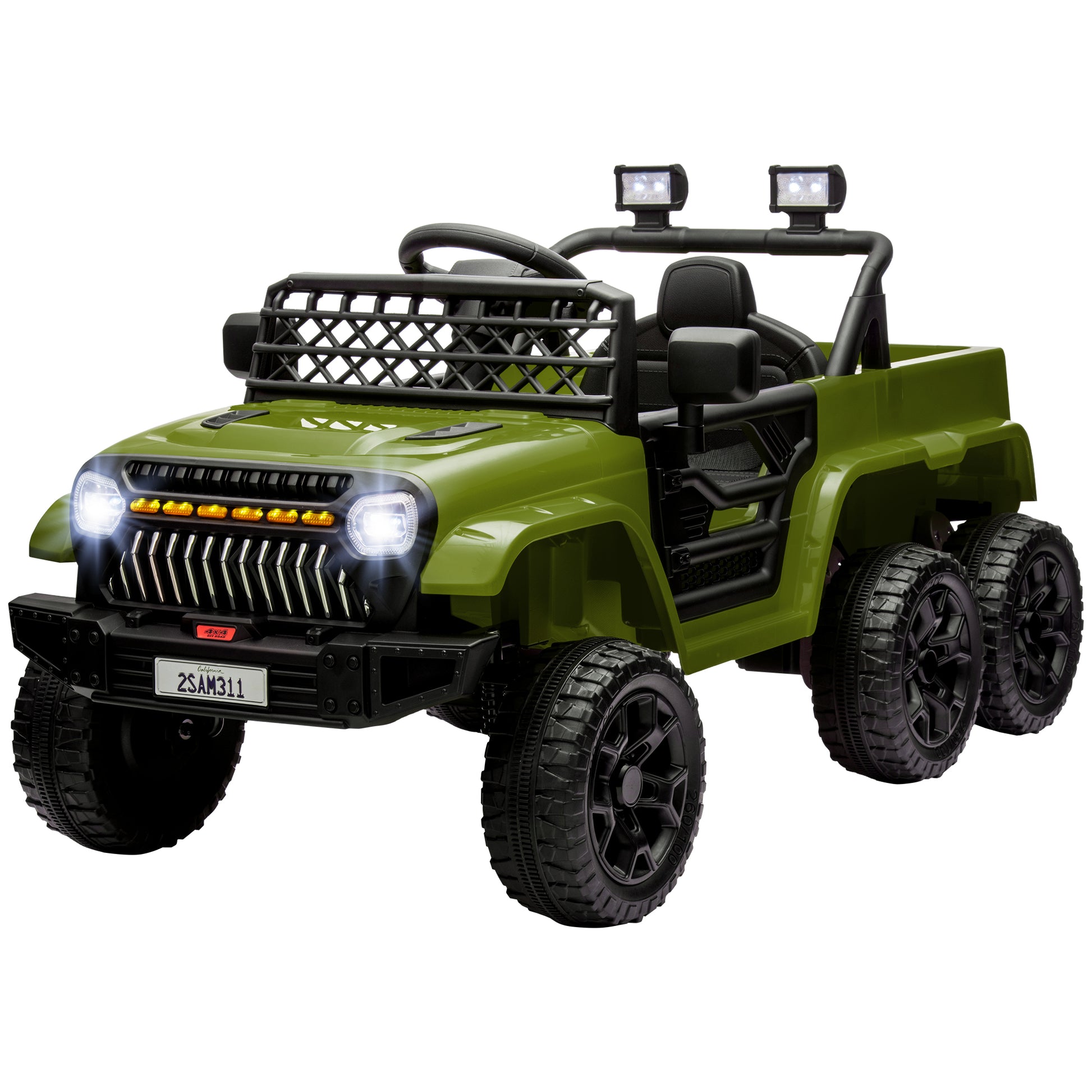 12V 4WD/2WD Kids Electric Car w/ Remote Control, Spring Suspension, Back Trailer, Light, Music, Soft Start, Dark Green Electric Toy Cars   at Gallery Canada