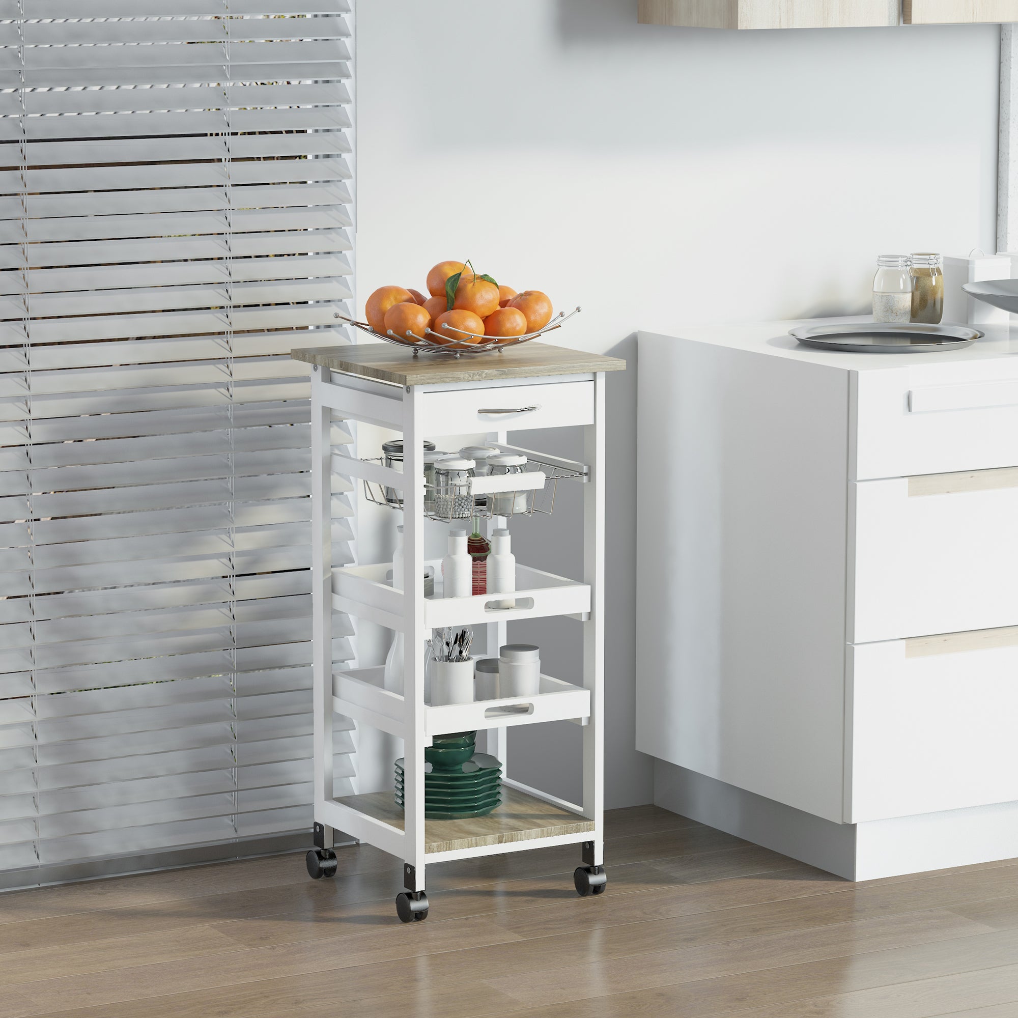 Rolling Kitchen Island Cart, Mobile Utility Storage Cart with Drawer, Wire Storage Basket, Removable Tray, White Kitchen Islands & Kitchen Carts at Gallery Canada