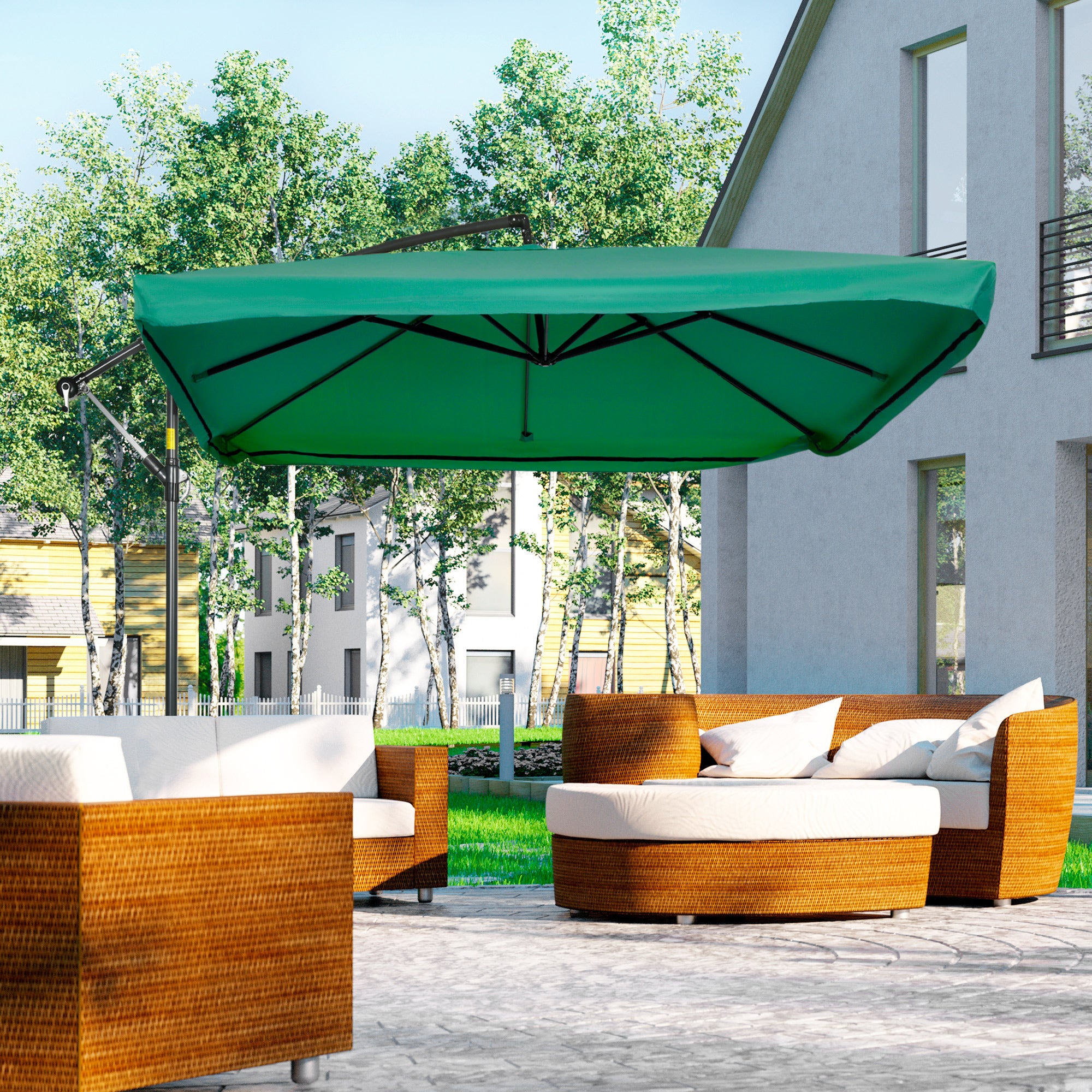 Offset Patio Umbrella with Net and Umbrella Base, Adjustable Cantilever Canopy with Cross Base, Weight Plates and 8 Ribs for Backyard, Poolside, Garden, Green Cantilever Umbrellas at Gallery Canada