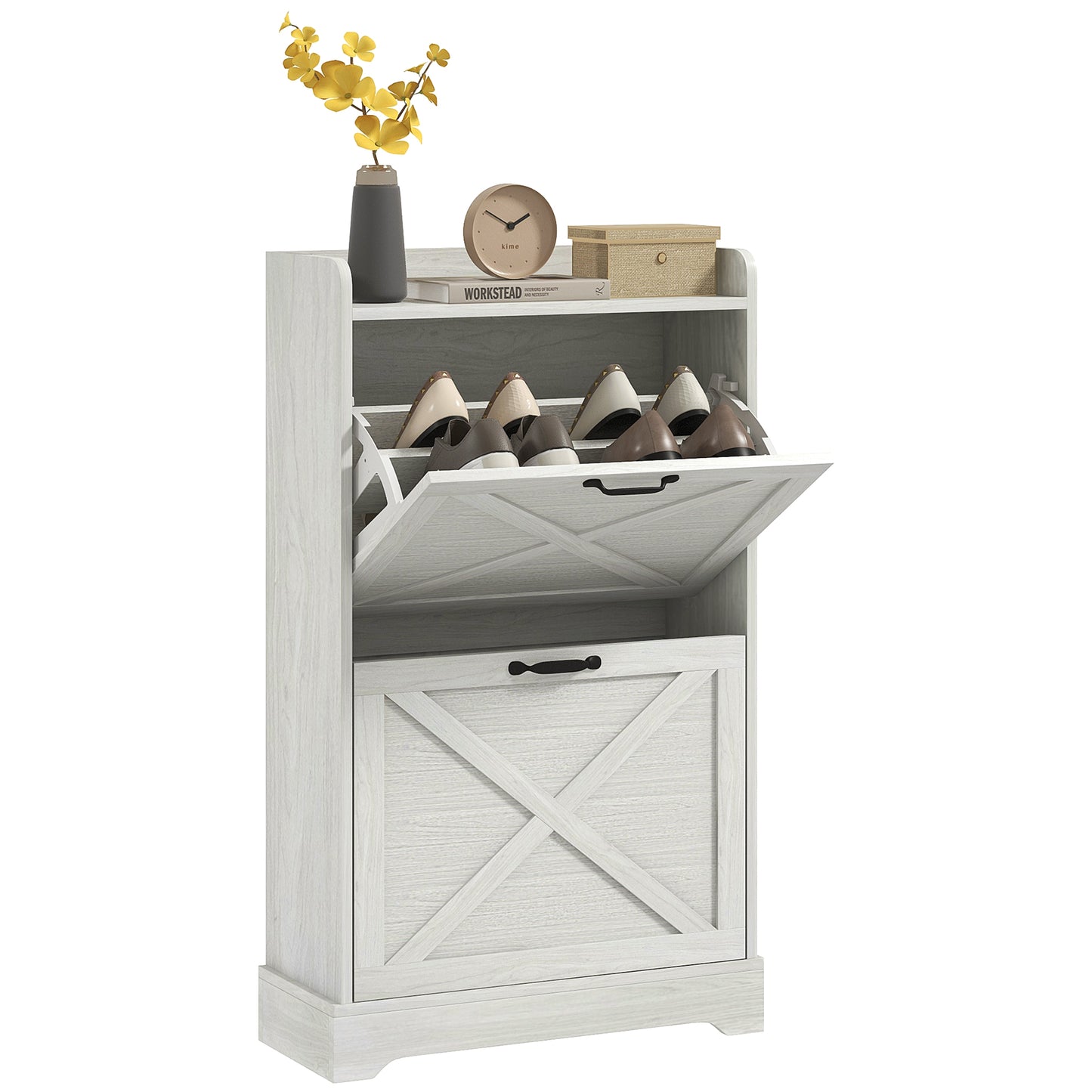 Slim Shoe Storage Cabinet, Farmhouse Shoe Cabinet with 2 Flip Drawers, Adjustable Shelves for 8 Pairs, Distressed White Shoe Storage Cabinets & Racks   at Gallery Canada