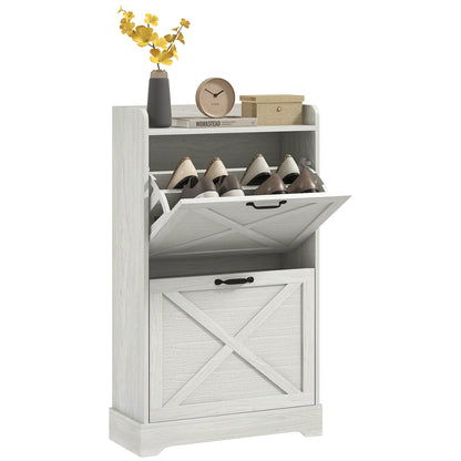 Slim Shoe Storage Cabinet, Farmhouse Shoe Cabinet with 2 Flip Drawers, Adjustable Shelves for 8 Pairs, Distressed White Shoe Storage Cabinets & Racks   at Gallery Canada