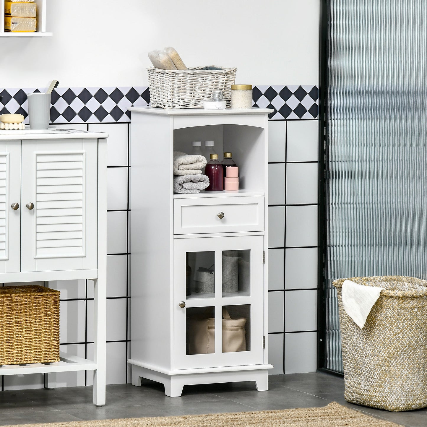 Bathroom Floor Cabinet with Drawer, Glass Door Side Cabinet, Multifunctional Corner Unit with Adjustable Shelf for Home Office, Living Room, White Bathroom Cabinets   at Gallery Canada