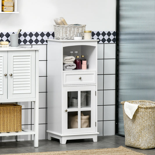 Bathroom Floor Cabinet with Drawer, Glass Door Side Cabinet, Multifunctional Corner Unit with Adjustable Shelf for Home Office, Living Room, White Bathroom Cabinets White  at Gallery Canada