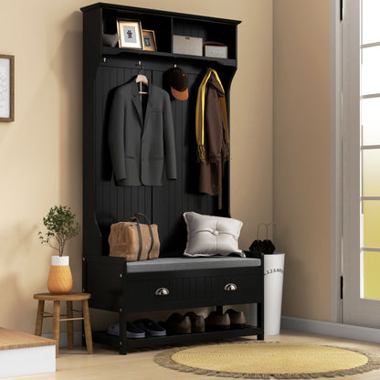 Coat Rack Shoe Bench, Hall Tree with Bench and Shoe Storage, Entryway Bench with 4 Hooks, 2 Drawers, 2 Shelves, Black Clothing Storage at Gallery Canada