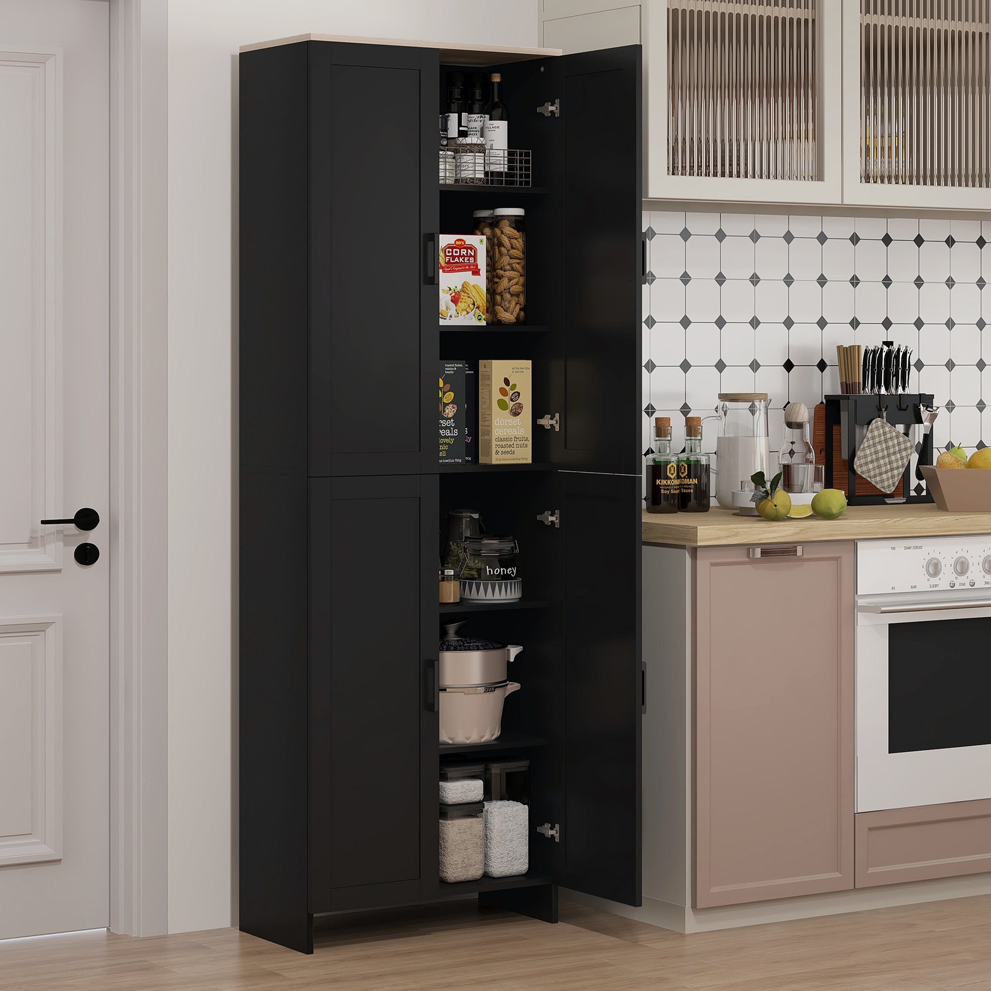 67" 4-Door Kitchen Pantry Cabinet, Freestanding Storage Cabinet Cupboard with Adjustable Shelves, Black Kitchen Pantry Cabinets Black and Natural Wood Effect Top  at Gallery Canada