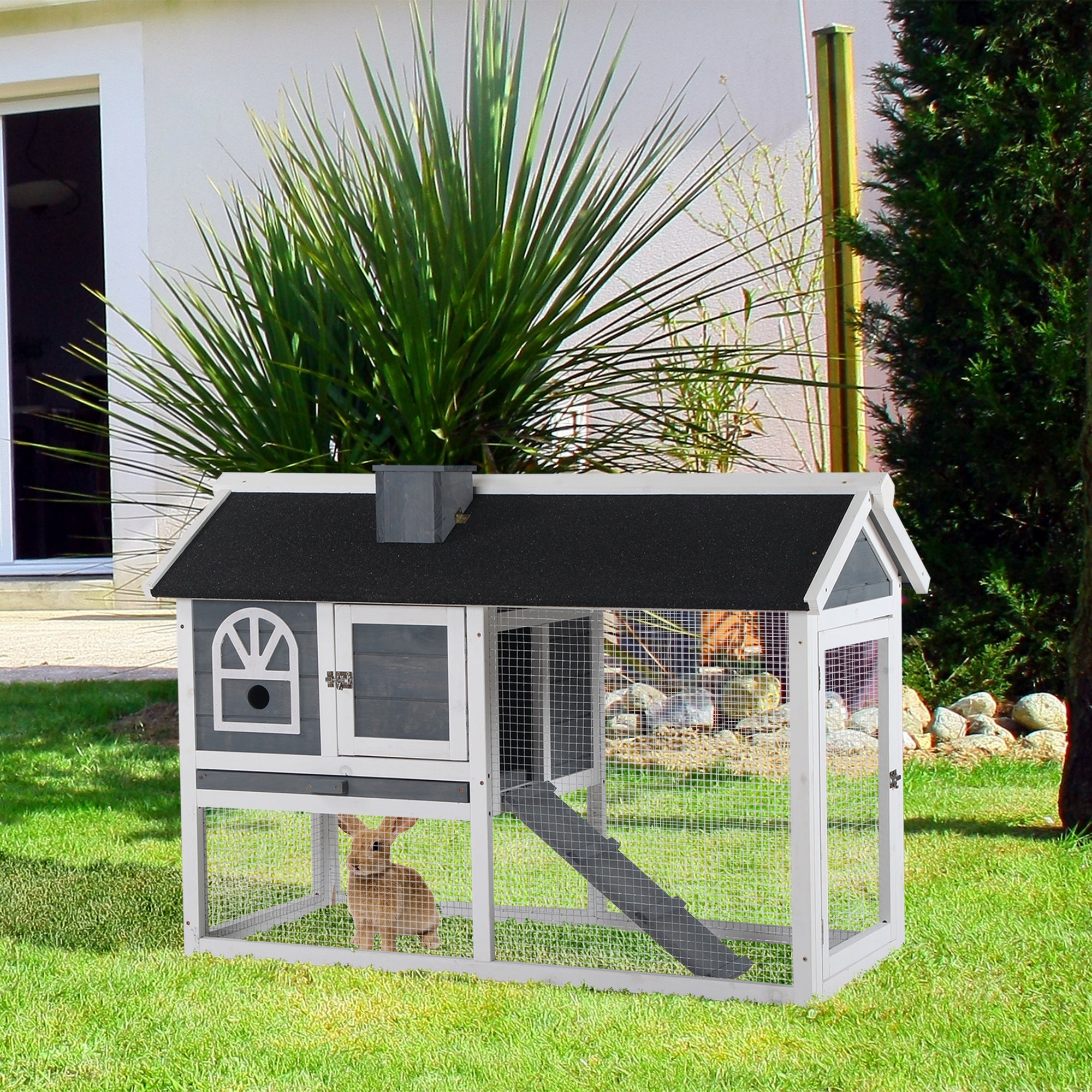 Wooden Rabbit Hutch with Run, Tray, Ramp, Asphalt Roof, Grey Rabbit Hutch at Gallery Canada