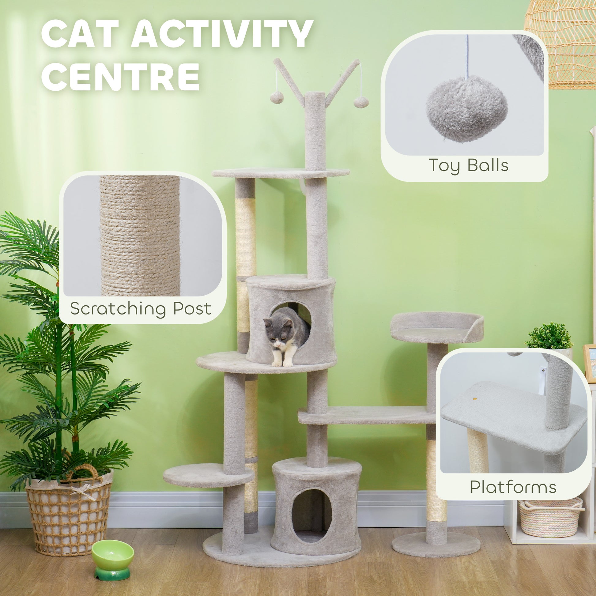 73.5" Cat Tree Tower with Scratching Posts, Condos, Bed, Multi-Level Platforms, Toy Balls, for Indoor Cats, Light Grey Cat Towers   at Gallery Canada