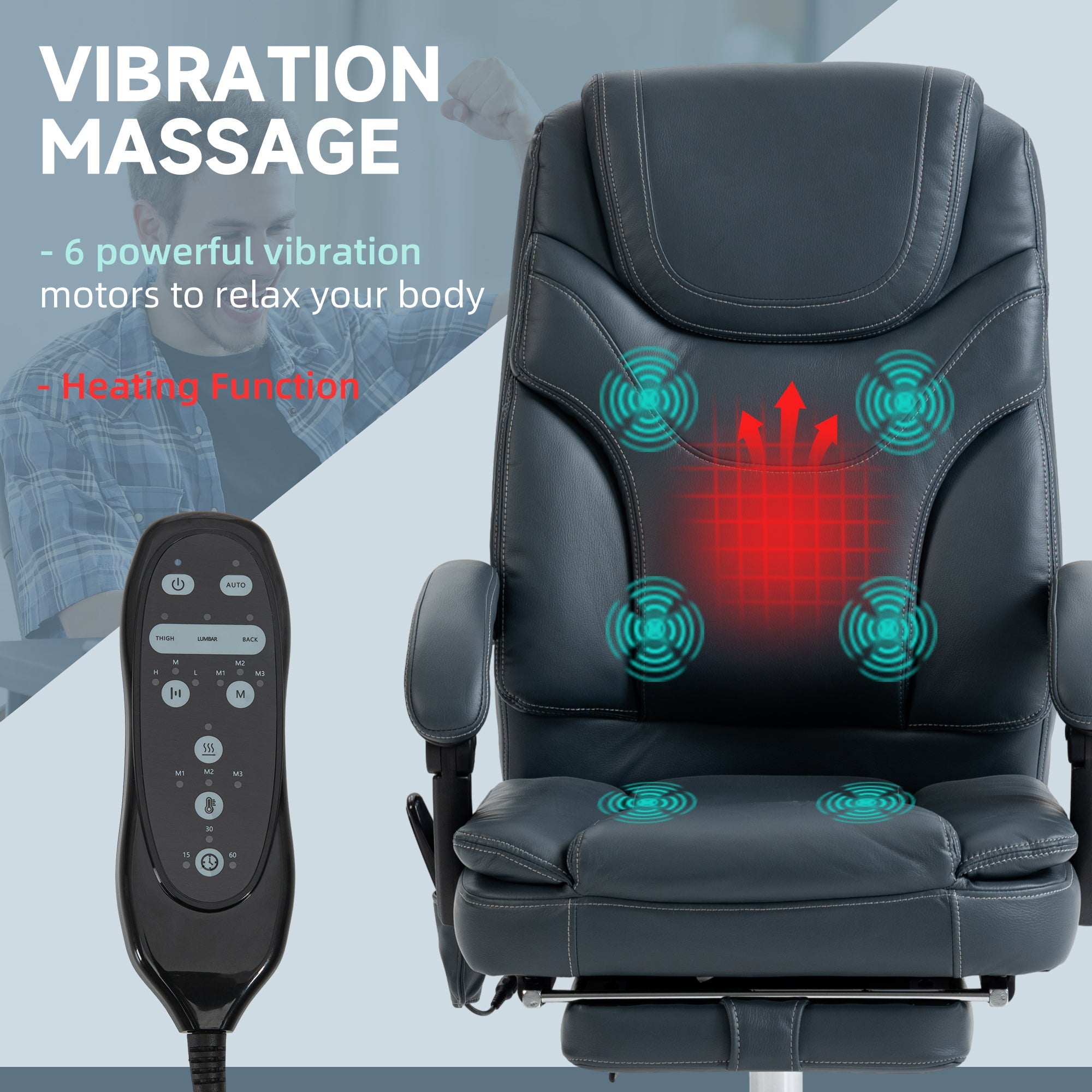 6 Point Vibration Massage Office Chair, PU Leather Heated Reclining Computer Chair with Footrest, Grey Massage Chairs   at Gallery Canada