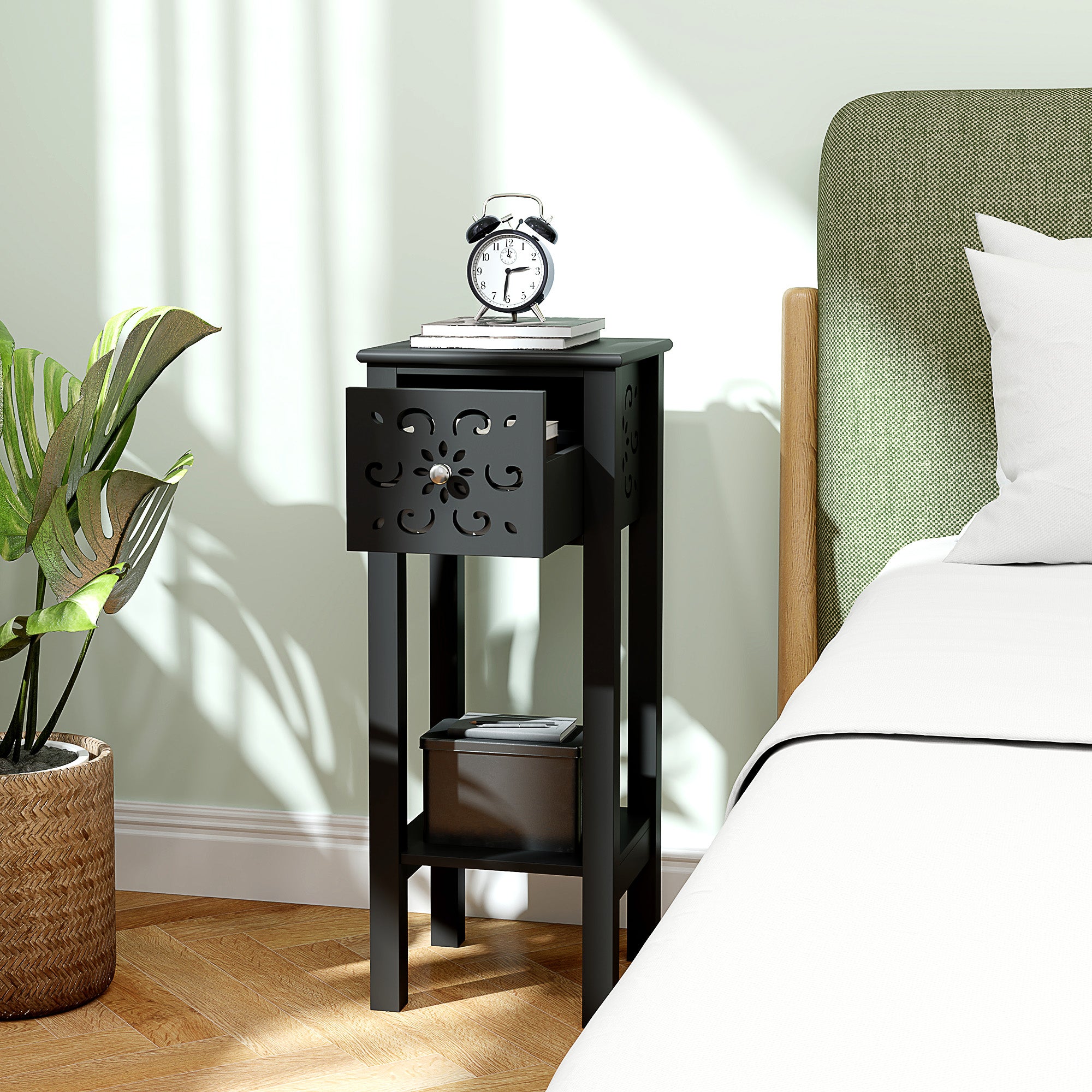Nightstand Set of 2 with Drawer and Open Storage Shelf Black Side Tables at Gallery Canada