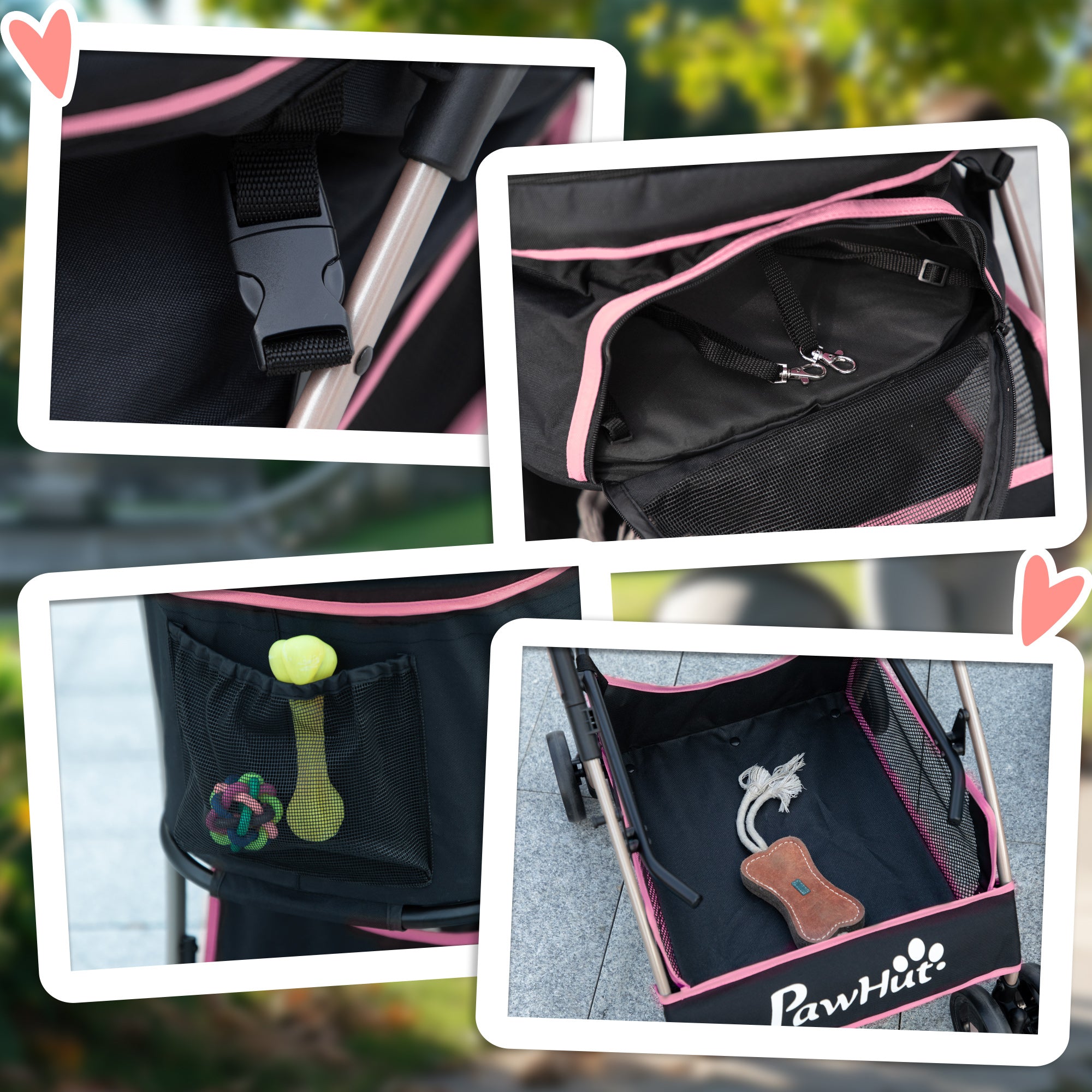 4 Wheels Pet Stroller, 3 in 1 Dog Cat Travel Folding Carrier, for Small Dogs, Detachable, w/ Brake, Canopy, Basket, Storage Bag - Pink Dog Bike Trailers & Strollers at Gallery Canada