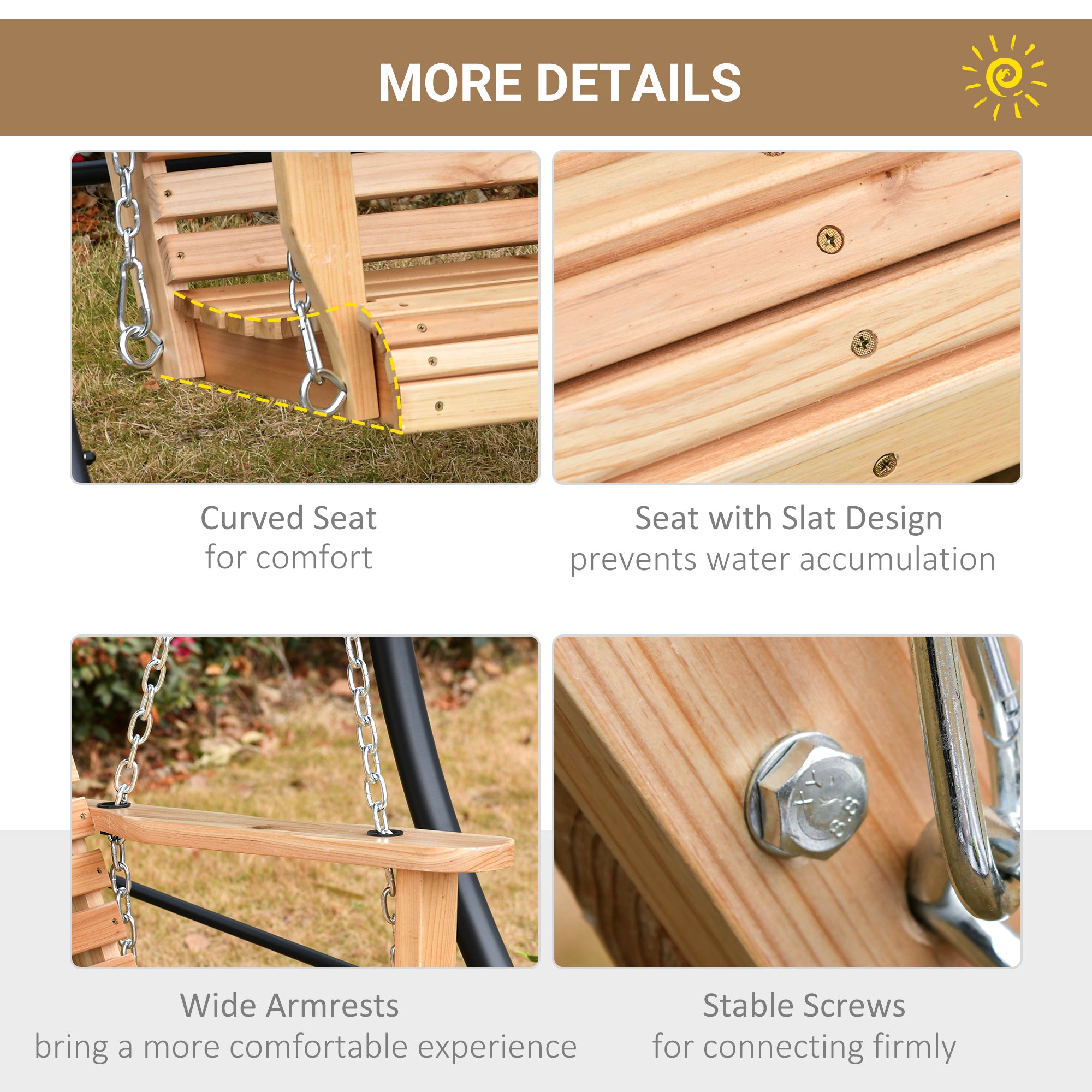 3 Seater Patio Swing Chair Wood Porch Swing with Foldable Table, Cup Holders, Steel Chains for Garden, Yard, Natural Hanging Porch Swings at Gallery Canada