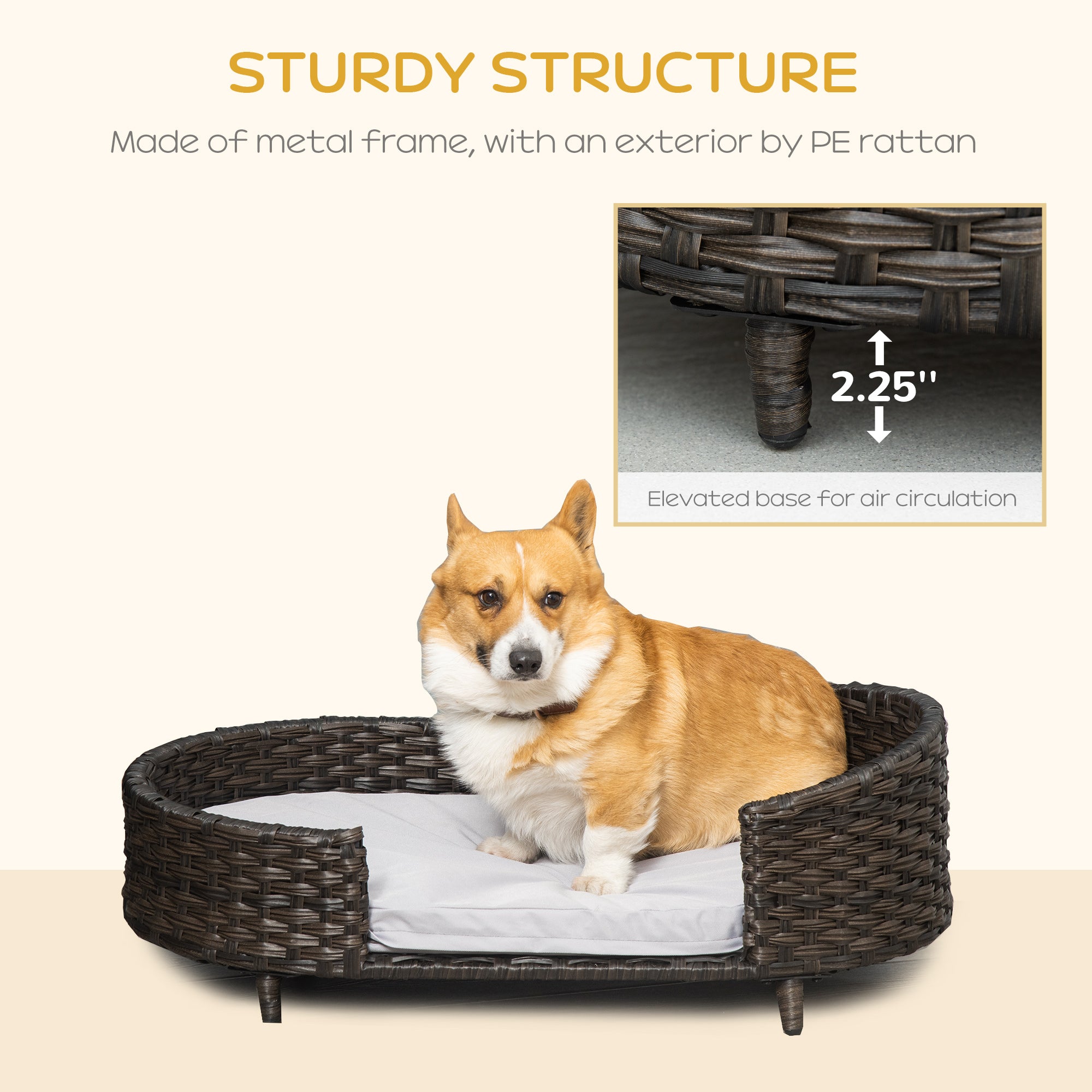 Rattan Pet Sofa Indoor &; Outdoor, Raised Wicker Dog Bed, Cat Couch, with Soft Cushion Washable Cover, for Small &; Medium Dogs, Charcoal Grey Dog Sofas   at Gallery Canada