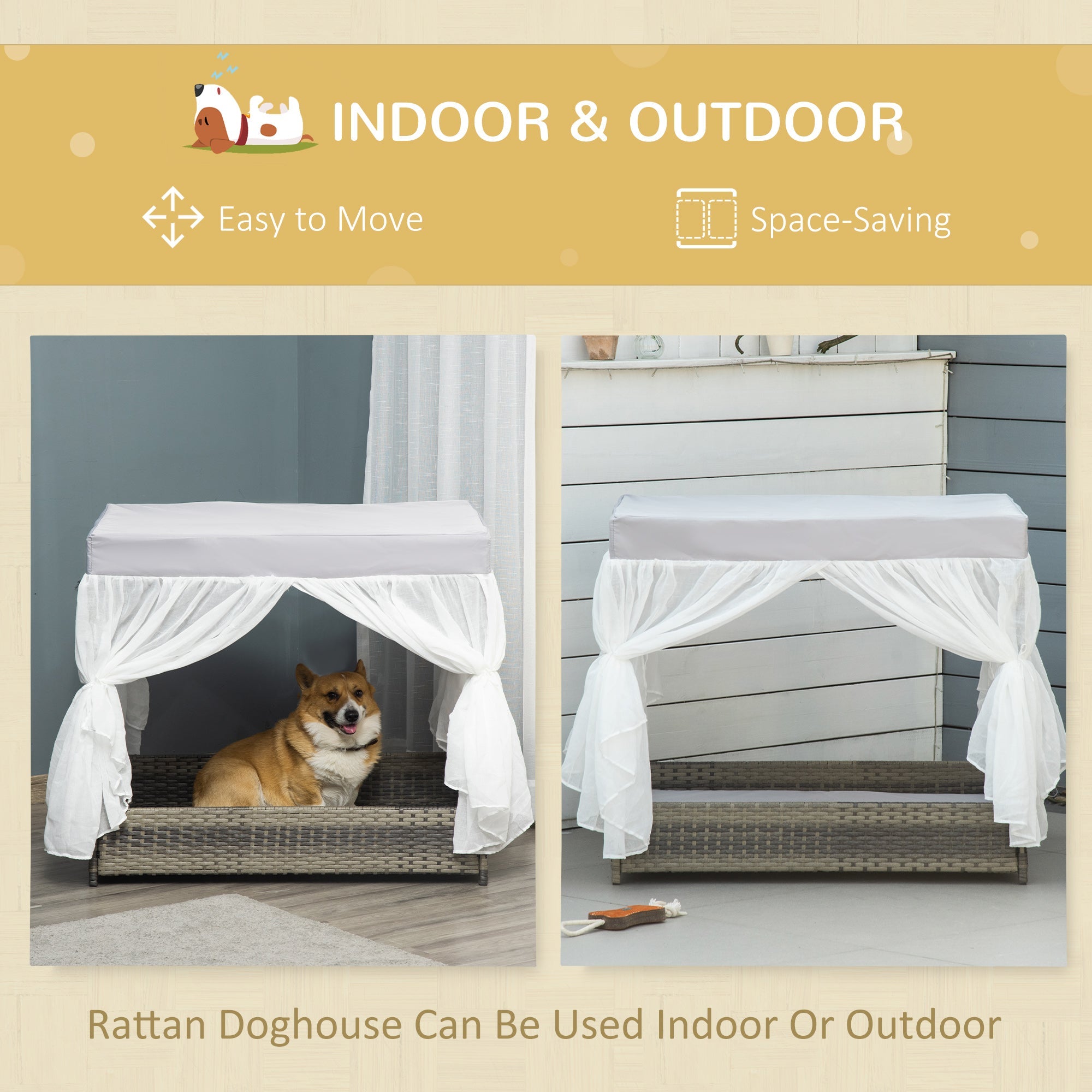 Wicker Dog House for Indoor Outdoor, Elevated Pet Sofa, Rattan Cat Bed for Garden Patio, Weatherability Roof for Medium-Sized Dogs, Grey Elevated Dog Beds   at Gallery Canada