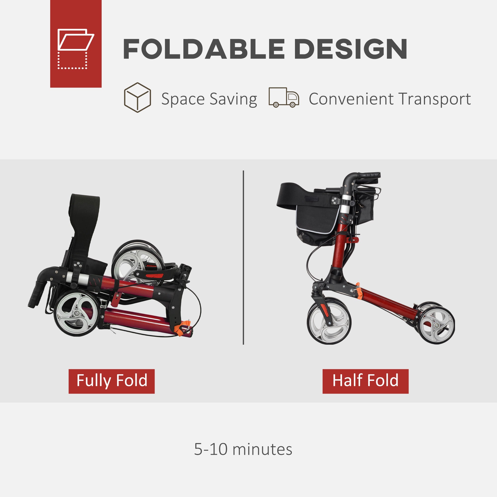 Lightweight Folding Rolling Walker with Large Seat, Back, Adjustable Handle, Bag, Dual Brake, Cane Holder, Red Knee Walker & Wheelchair Ramps at Gallery Canada
