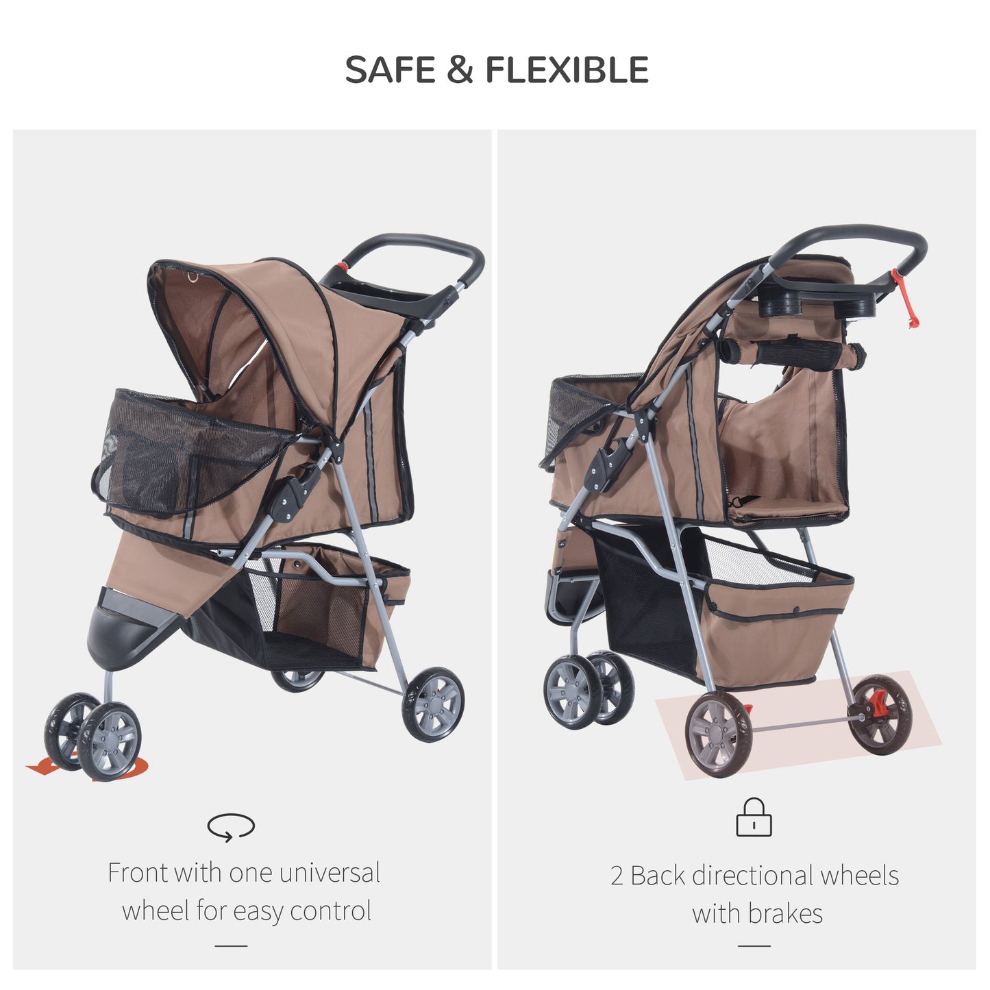 3 Wheel Folding Pet Stroller Dog Bike Carrier Strolling Jogger with Brake, Canopy, Cup Holders and Bottom Storage Space, Coffee Dog Bike Trailers & Strollers   at Gallery Canada