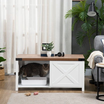 Cat Litter Box Enclosure with Sliding Door, Cat Washroom Storage Bench with Cat Hole, Indoor Cat House End Table with Sturdy Wooden Structure, White Cat Litter Box Enclosures   at Gallery Canada