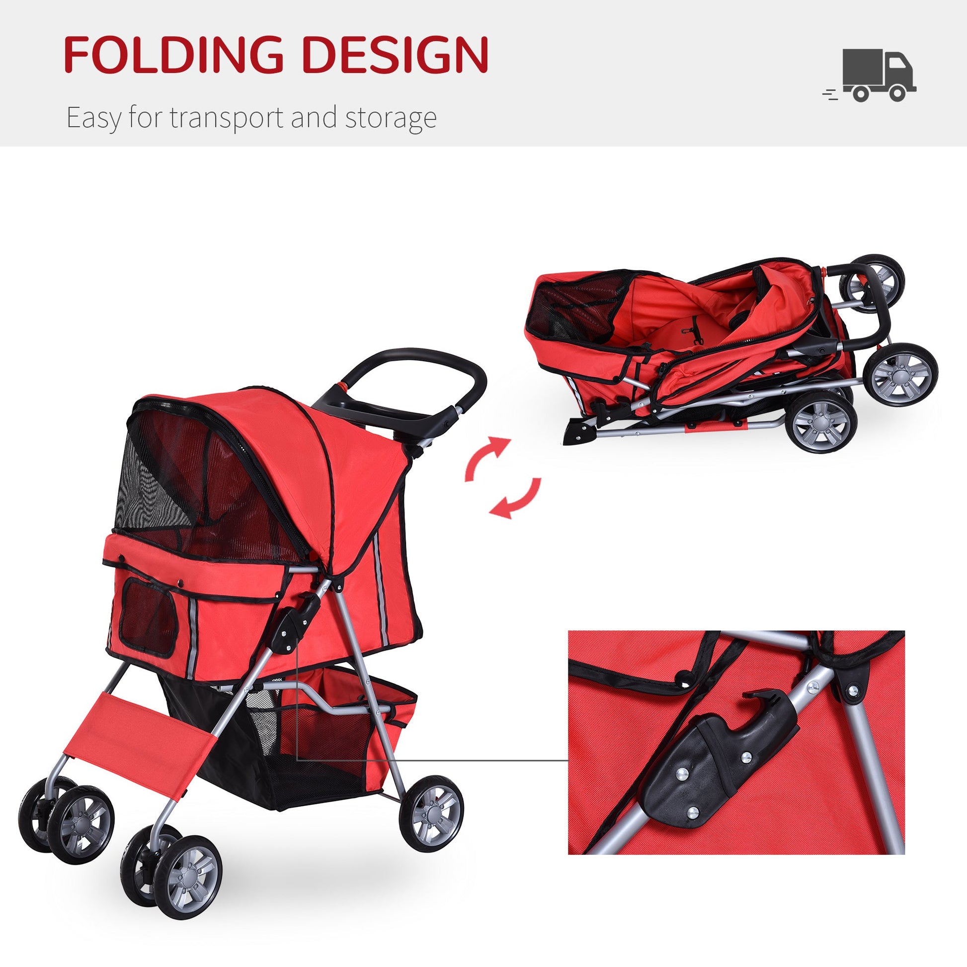 4 Wheel Dog Pet Stroller Dog Cat Carrier Folding Sunshade Canopy with Brake, Red Dog Bike Trailers & Strollers   at Gallery Canada