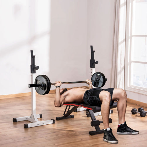 Adjustable Barbell Rack Stable Power Squat Stand Portable 2 Bars Barbell Holder Weight Rack, Black and White