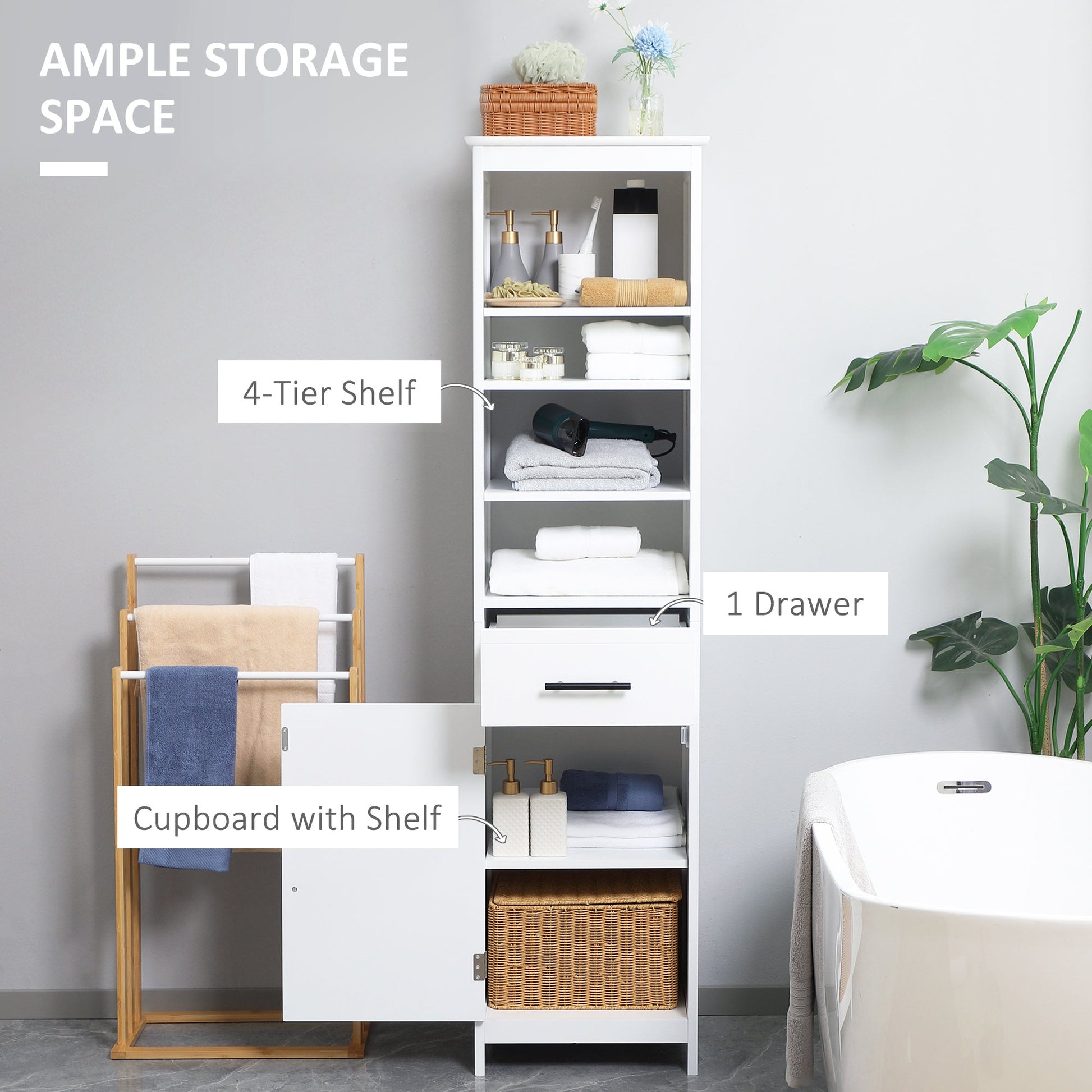 Tall Bathroom Storage Cabinet, Free Standing Bathroom Cabinet Slim Side Organizer w/ 3-Tier Open Shelf, Door, and Drawer, White Bathroom Cabinets   at Gallery Canada