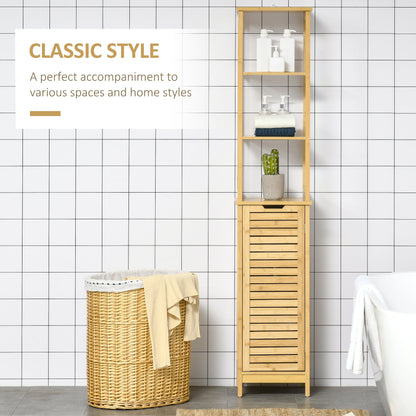 Bathroom Floor Cabinet with 3 Shelves and Cupboard, Slim and Freestanding Linen Tower with Storage, Natural Bathroom Cabinets   at Gallery Canada