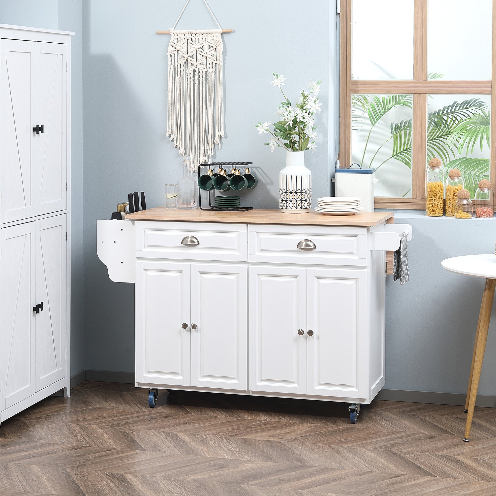 Kitchen Island with Storage, Rolling Kitchen Island with Drop Leaf, Rubber Wood Top and Adjustable Shelves, White Kitchen Islands & Kitchen Carts at Gallery Canada