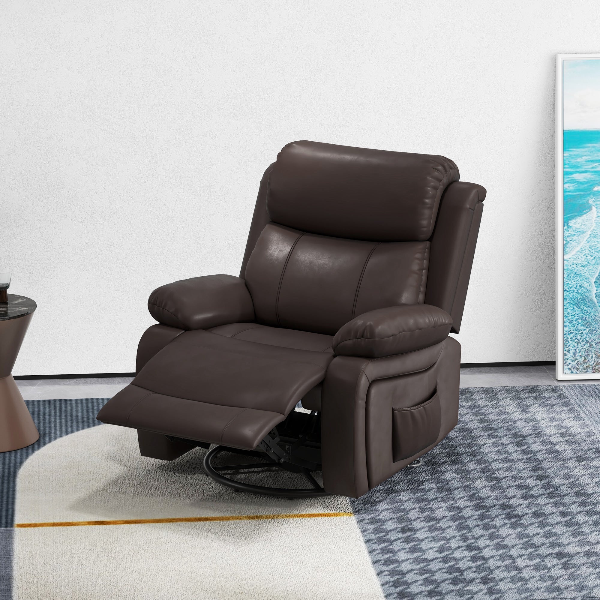PU Leather Reclining Chair with Vibration Massage Recliner, Swivel Base, Rocking Function, Remote Control, Brown Single Sofas at Gallery Canada