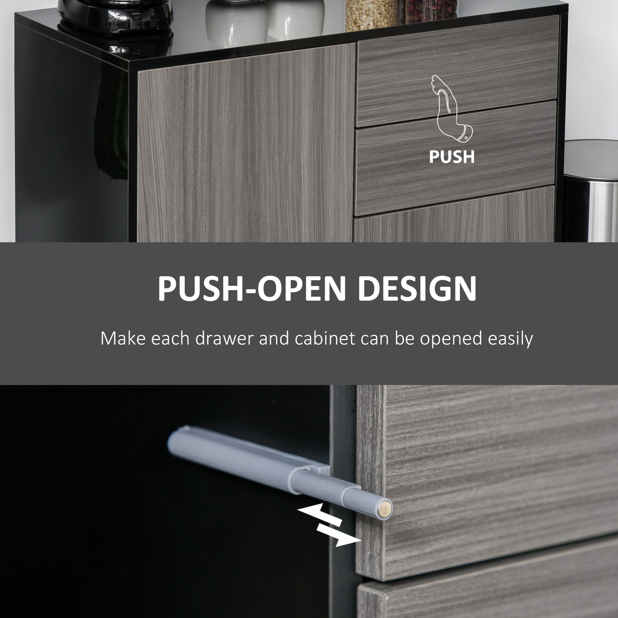 High Gloss Buffet Sideboard with 2 Drawers, 2 Doors and Adjustable Shelf, Kitchen Storage Cabinet with Push Open Design, Grey and Black Bar Cabinets at Gallery Canada
