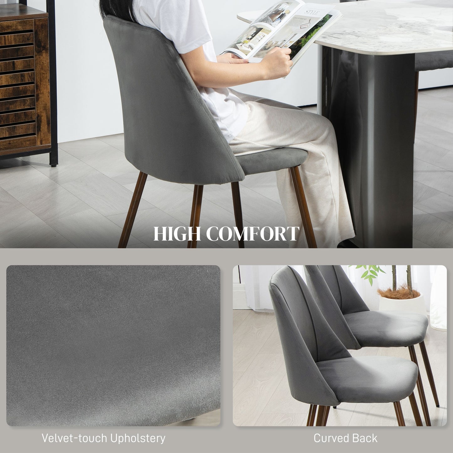 Upholstered Dining Chairs Set of 4, Velvet Accent Chair with Back and Wood-grain Steel Leg for Kitchen, Dark Grey Dining Chairs   at Gallery Canada