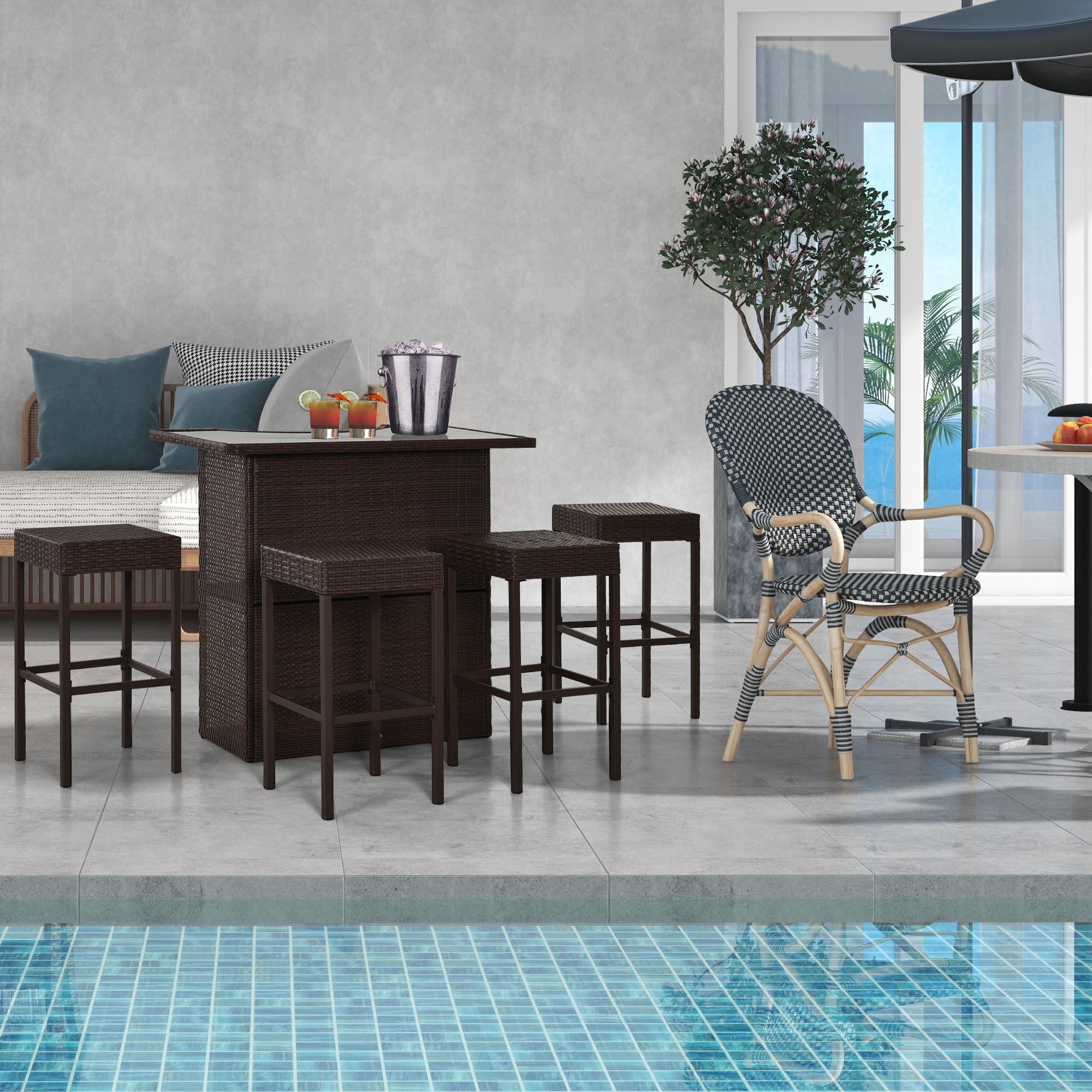 5 Pieces Patio Bar Set, Outdoor PE Rattan Wicker High Top Outdoor Table and Chairs Outdoor Bar Set with Tempered Glass Top Bar Table and Shelves, 4 Bar Chairs, Dark Brown Bistro Sets at Gallery Canada