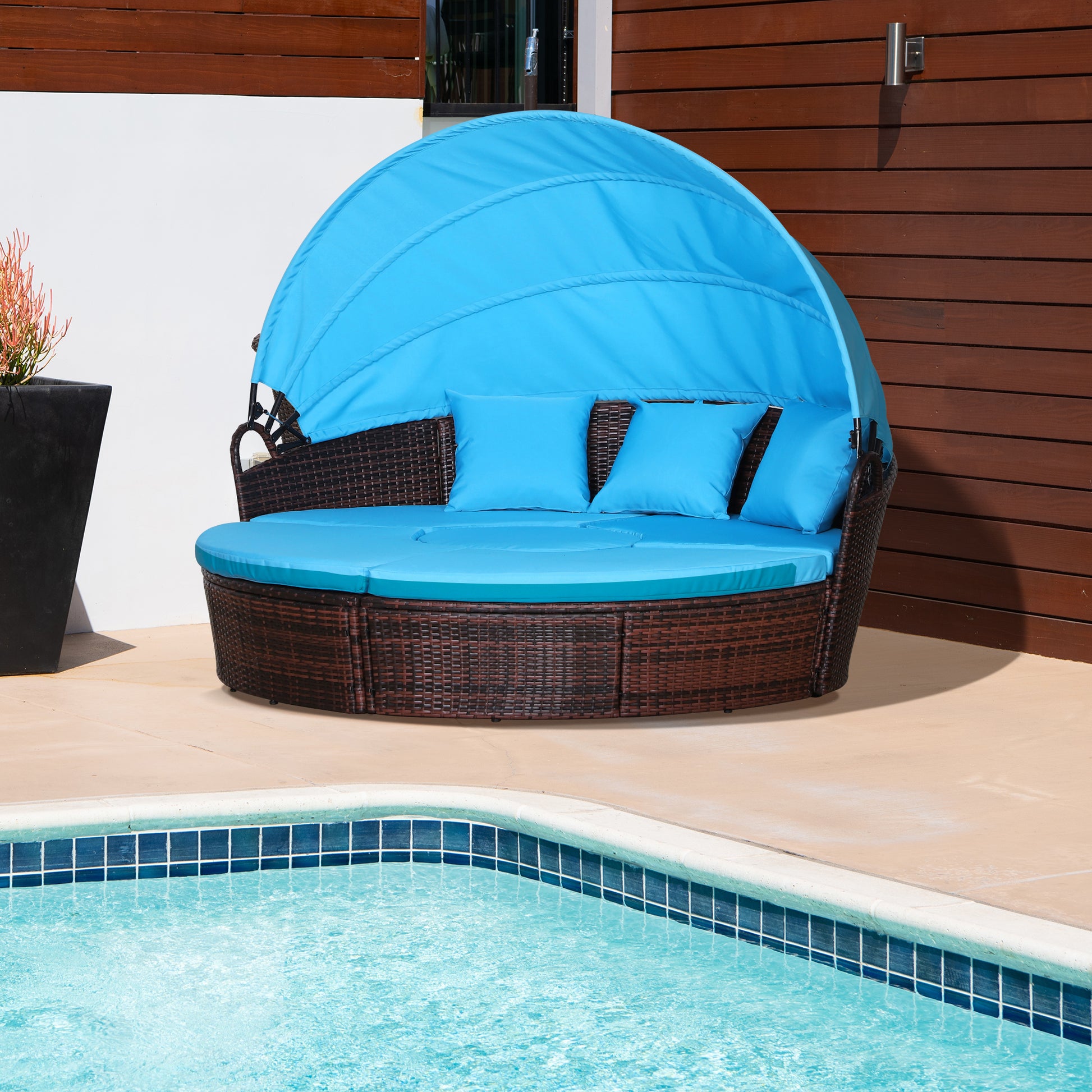 Outdoor Daybed with Retractable Canopy, PE Rattan Wicker Sofa Set, Light Blue Daybeds Multi Colour  at Gallery Canada