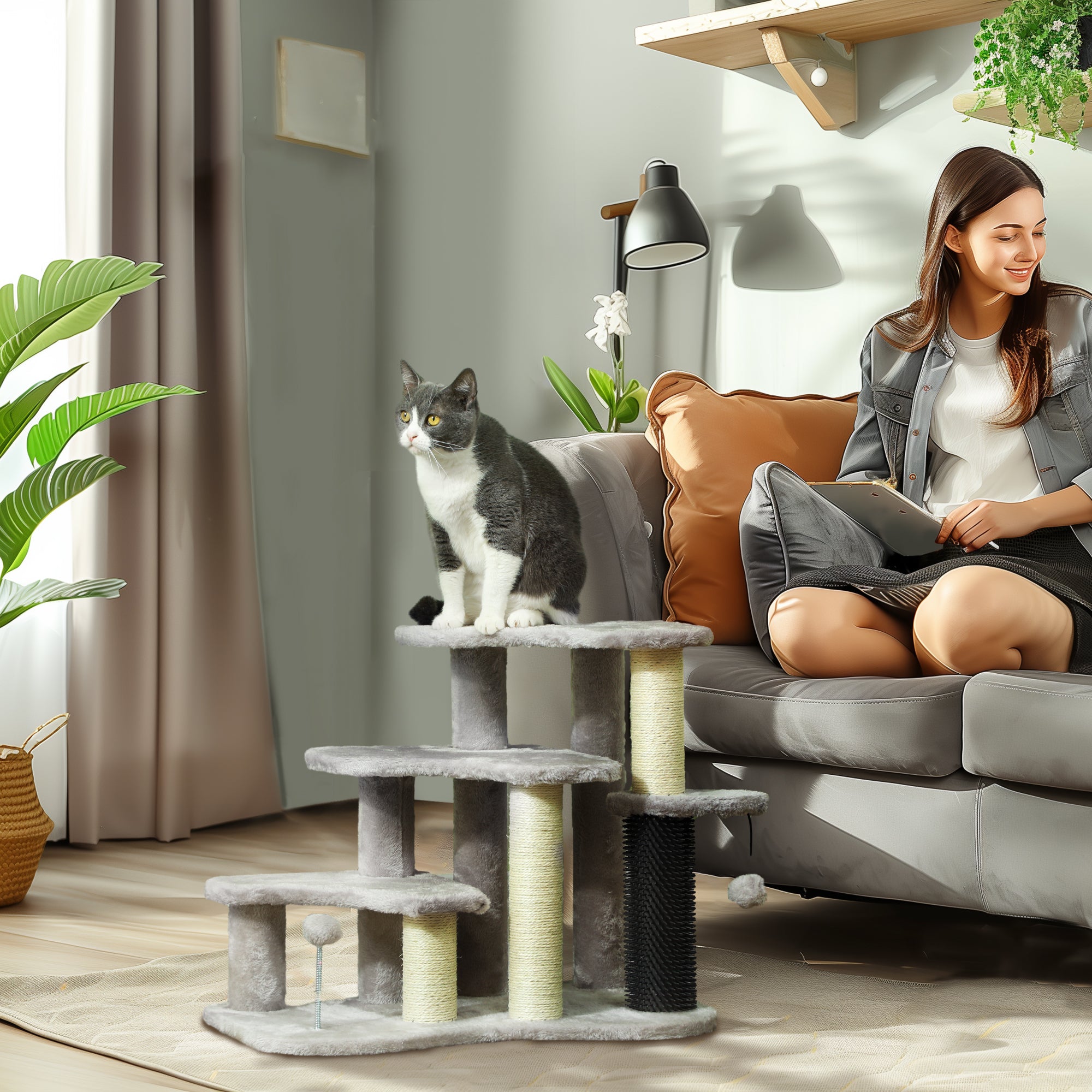 2 in 1 Cat Tree 3 Steps Pet Stairs with Scratching Posts, Tickling Post, Toy Balls, for Bed, Couch, Sofa, Light Grey Cat Stairs at Gallery Canada